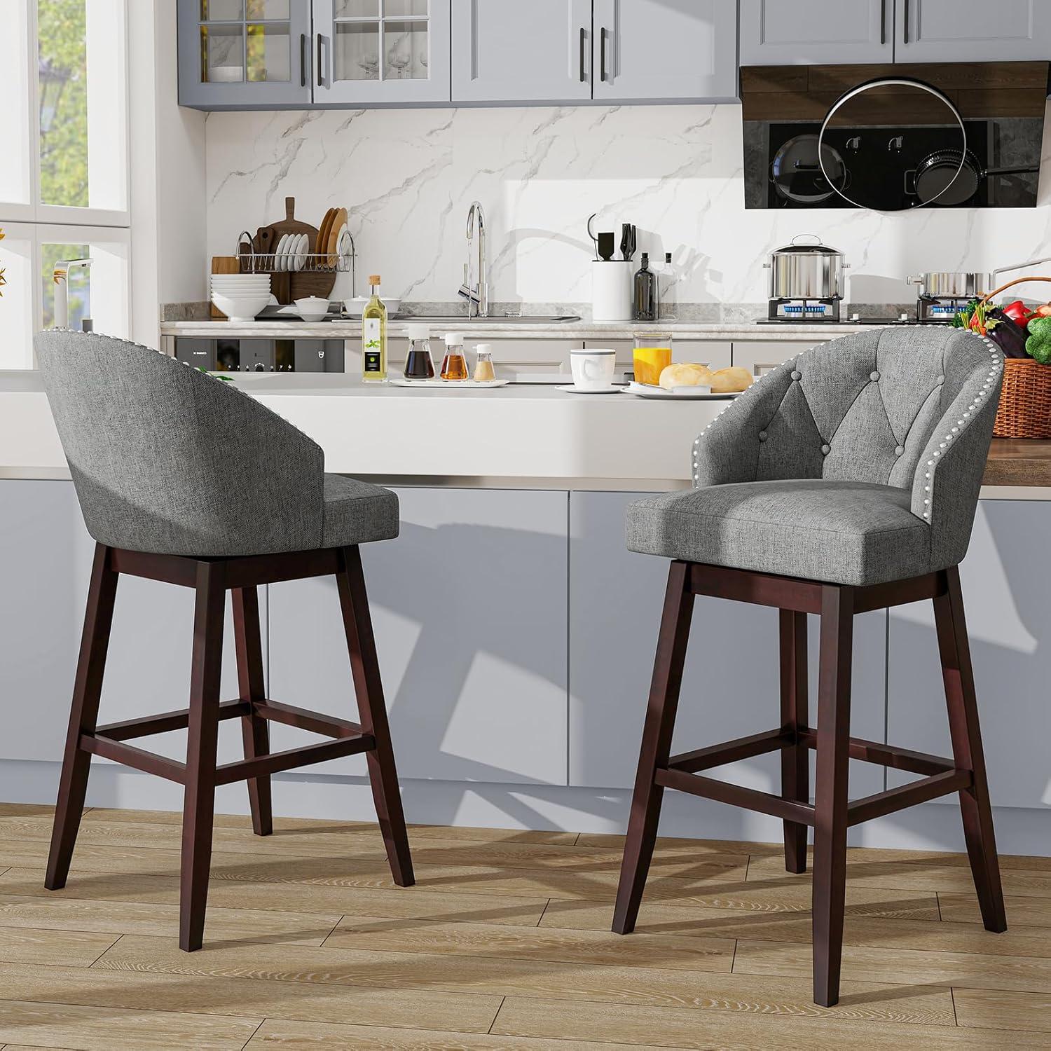 Gray Tufted Swivel Bar Stools with Rubber Wood Legs