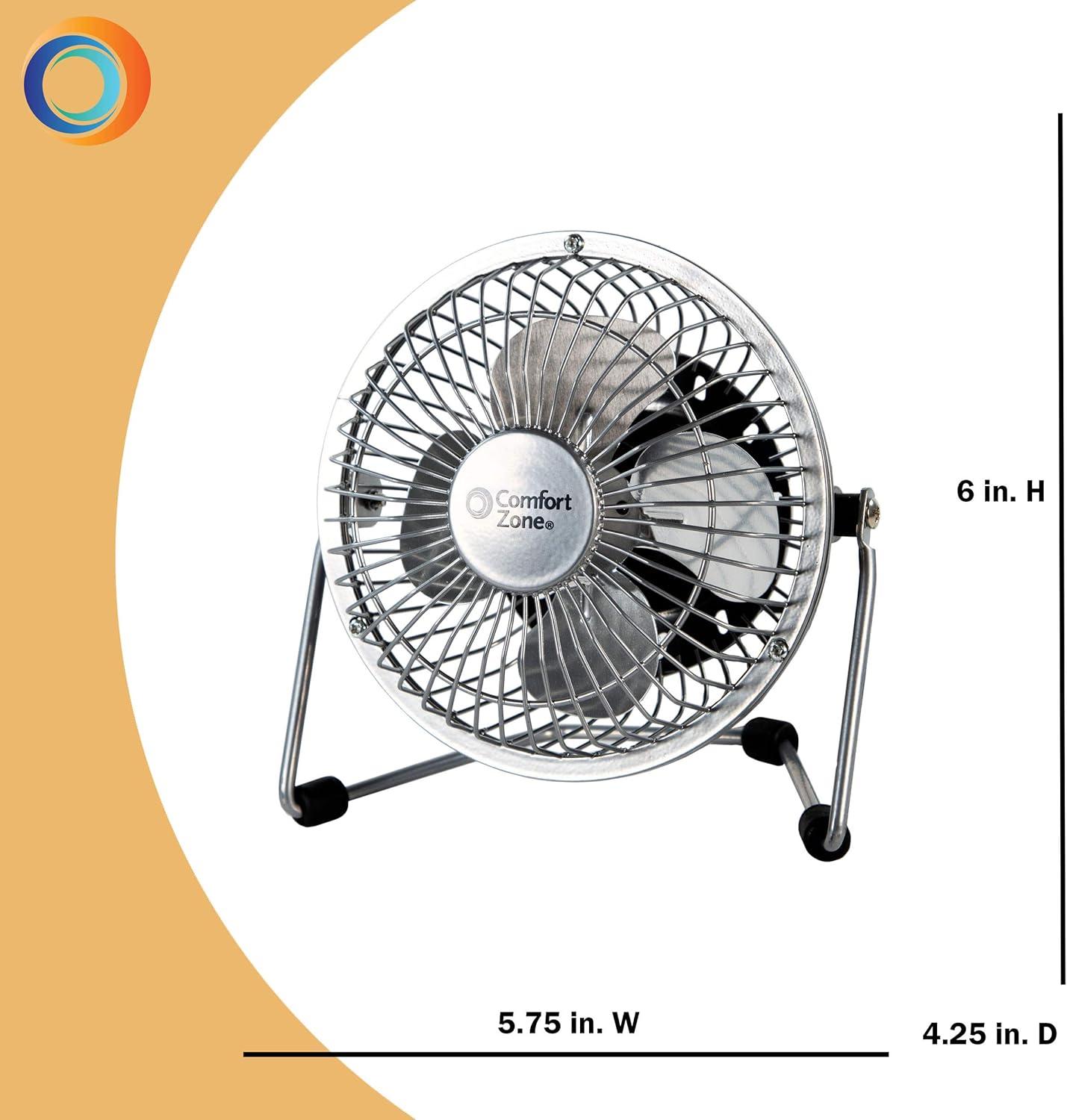 Comfort Zone 4" Mini Portable Desk Fan with 360-Degree Adjustable Tilt, Dual Powered (USB or Power Cord), All-Metal Construction, Airflow 3.31 ft/sec, Ideal for Home, Bedroom & Office, CZHV4S