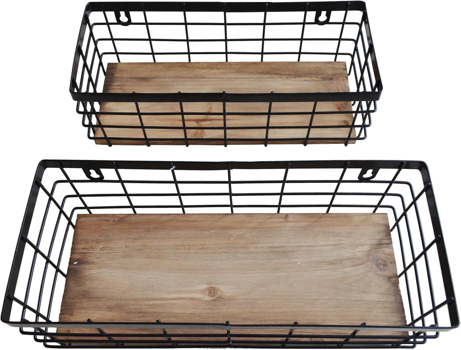 Metal Wire Basket Detachable Wood Base Storage Organizer Farmhouse Small Bins for Kitchen Cabinets, Bathroom, Pantry, Laundry Room, Closets Set of 2,Black Color