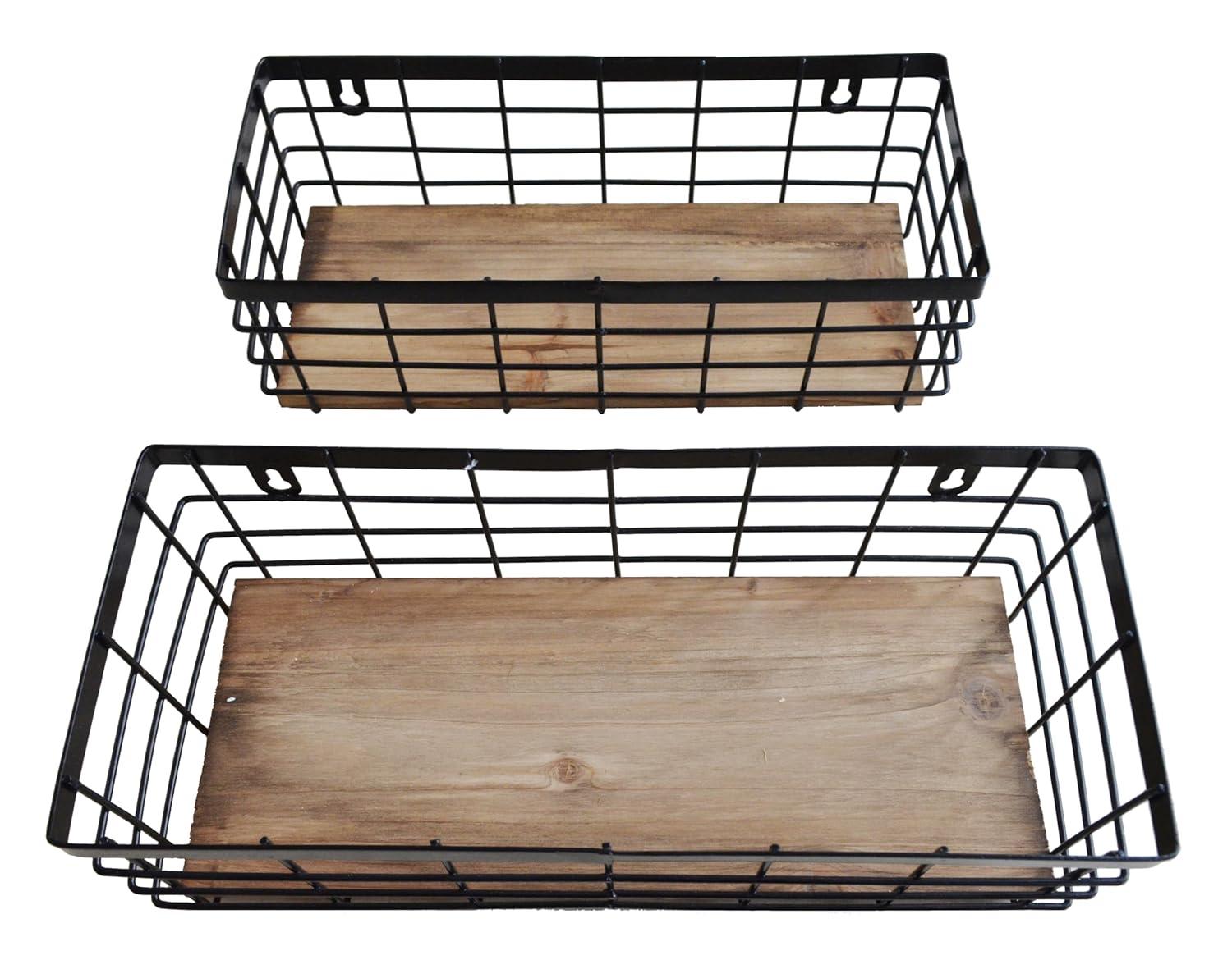 Metal Wire Basket Detachable Wood Base Storage Organizer Farmhouse Small Bins for Kitchen Cabinets, Bathroom, Pantry, Laundry Room, Closets Set of 2,Black Color