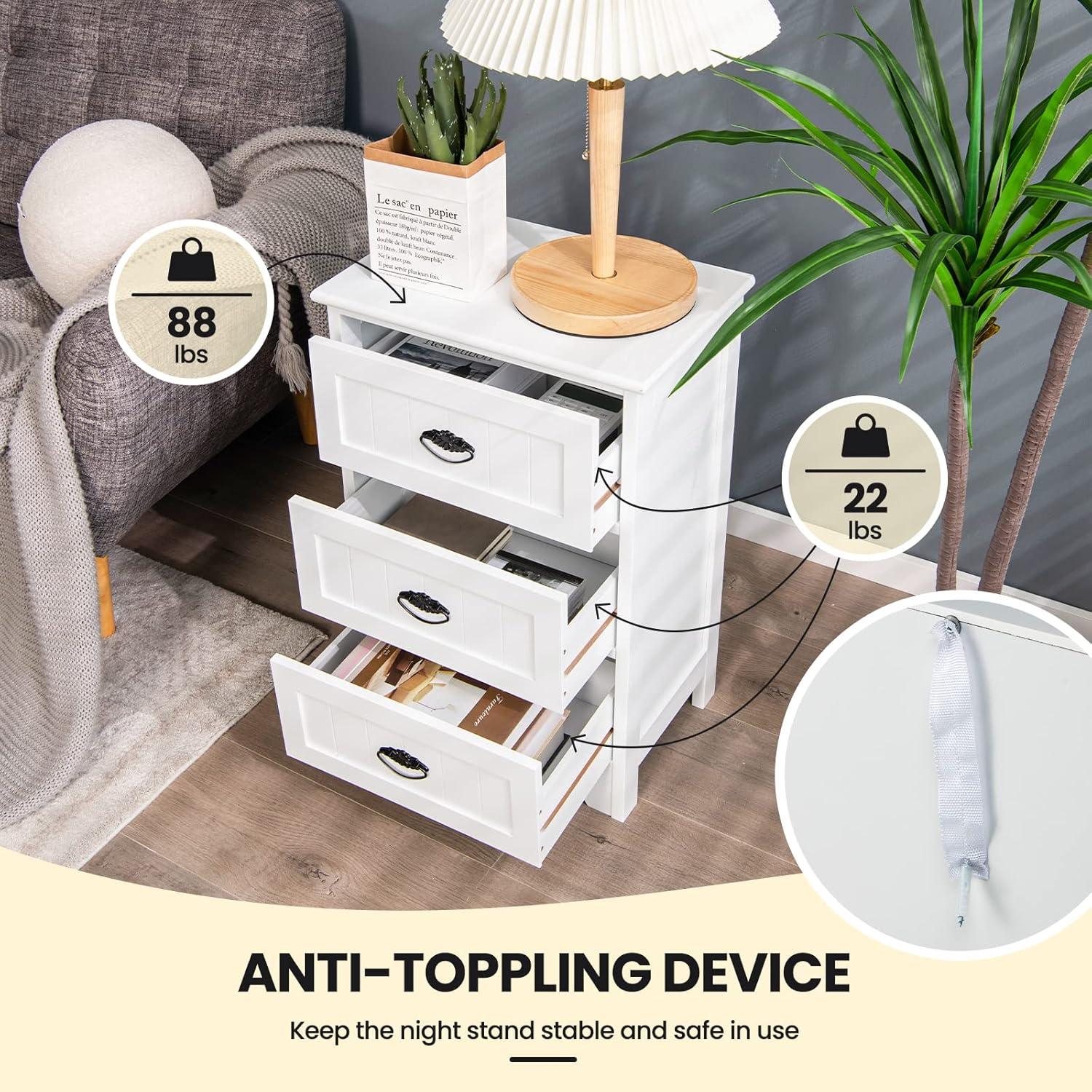 Gymax End Table Nightstand Bedroom Storage w/ 3 Drawers & Wood Slide White
