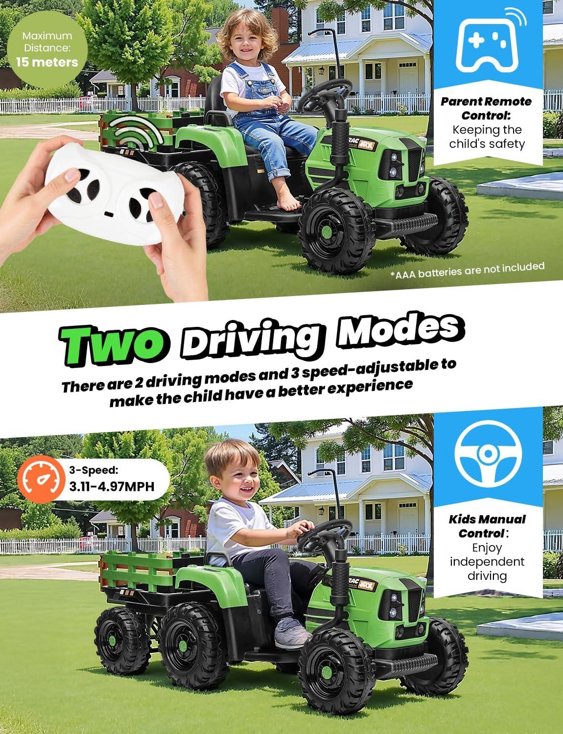 24V 400W Powered Electric Tractor for Kids, 3-Speed Ride On Tractor with Remote Control, USB/MP3/Bluetooth, LED Lights, Safety Belt, 1.86-4.97 MPH，Green