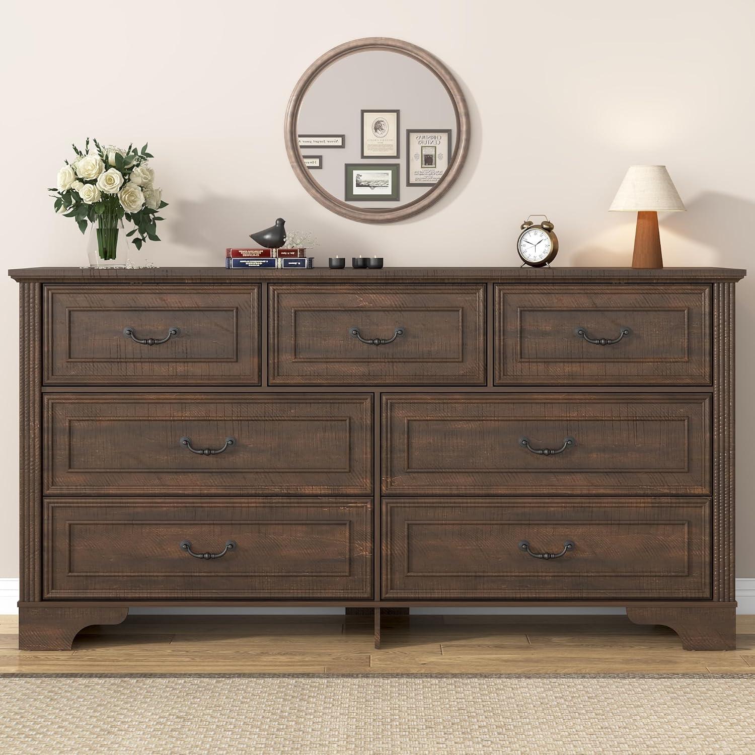 Charlton Home® 59" Farmhouse Dresser With 7 Spacious Drawers – Rustic Wooden Storage Cabinet For Bedroom, Living Room, Or Entryway