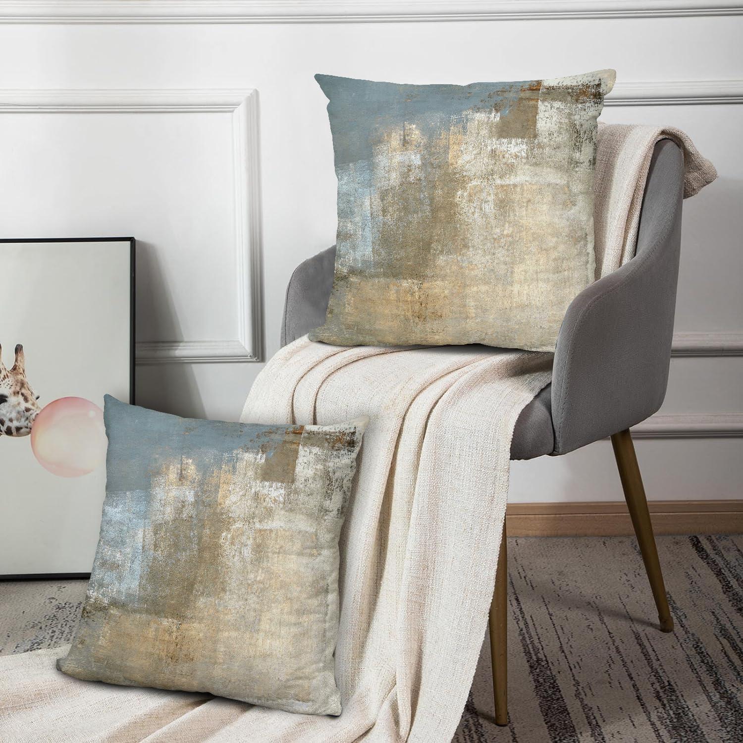 Grey and Beige Abstract Art Contemporary Pillow Cover, Modern Neutral Decorative Throw Pillows Cushion Cover for Bedroom Sofa Living Room 20 x 20 Inch Set of 2