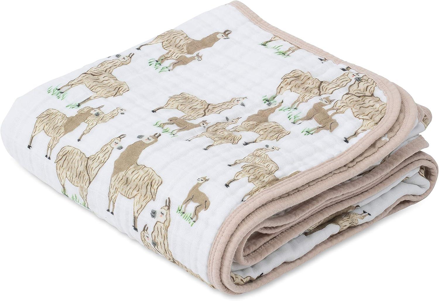 White Cotton Muslin Baby Quilt with Llama Print