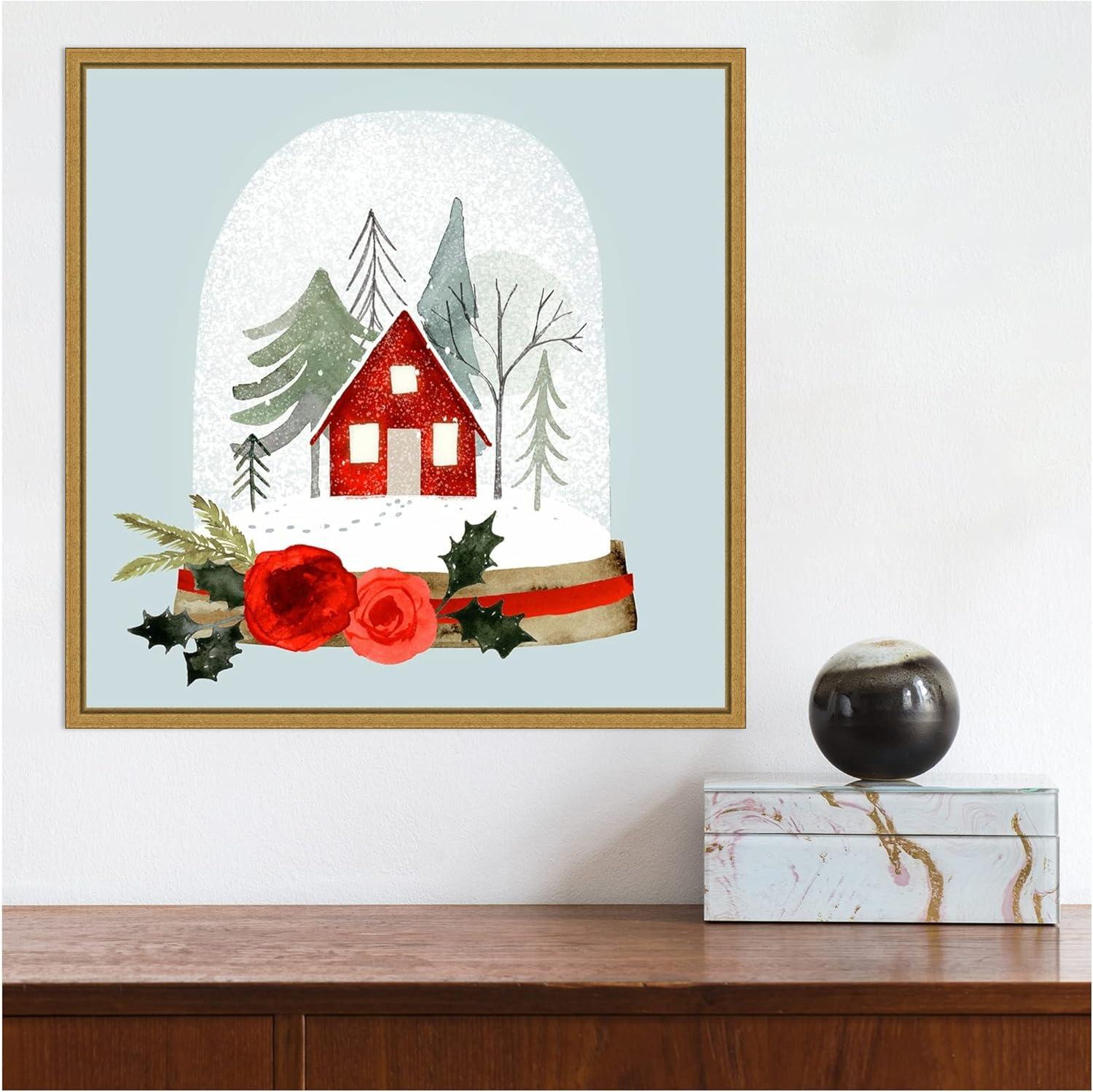 Small Red Cottage Snow Globe Canvas Print with Gold Frame