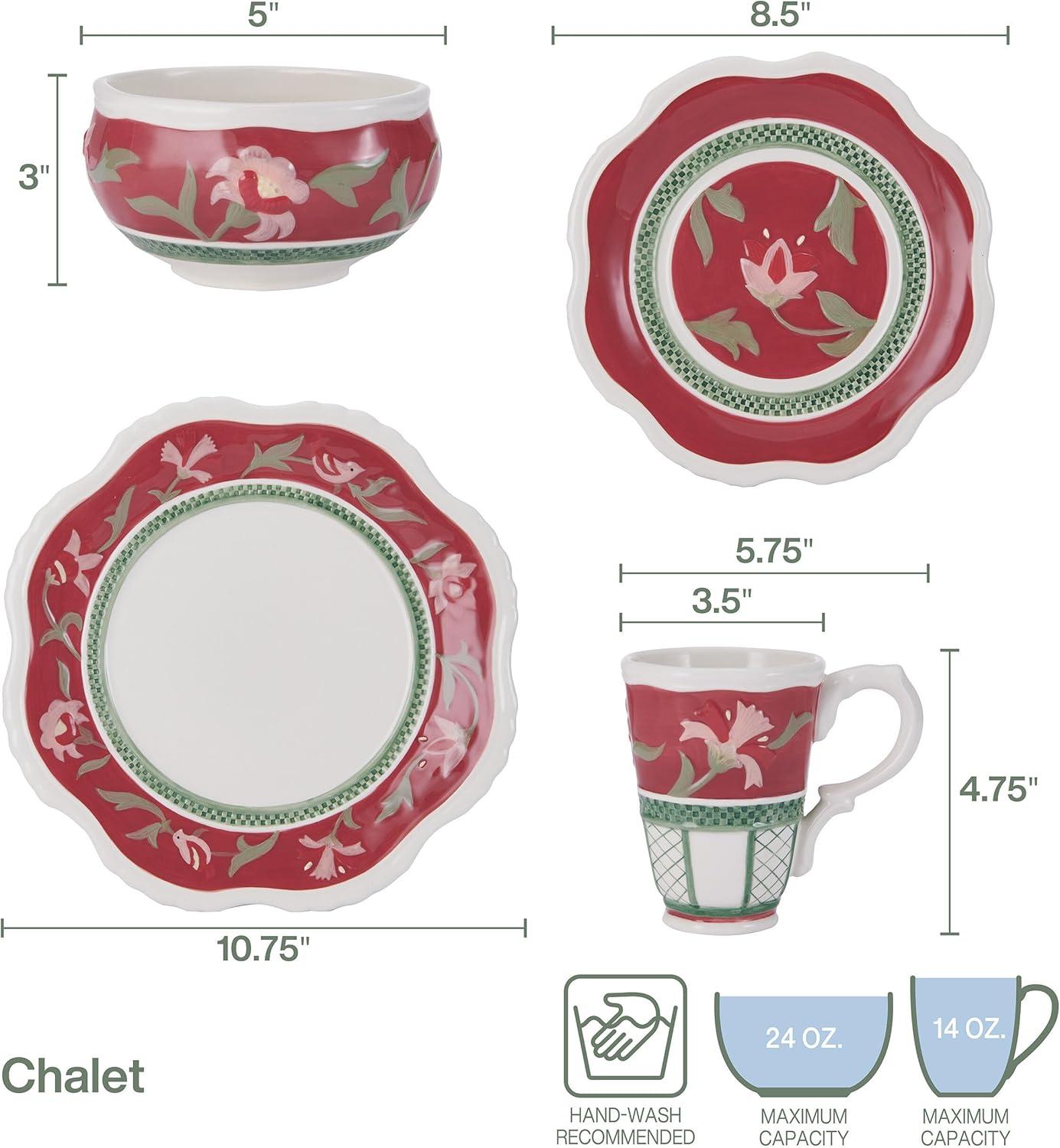 Red and Green Floral Ceramic 16-Piece Dinnerware Set