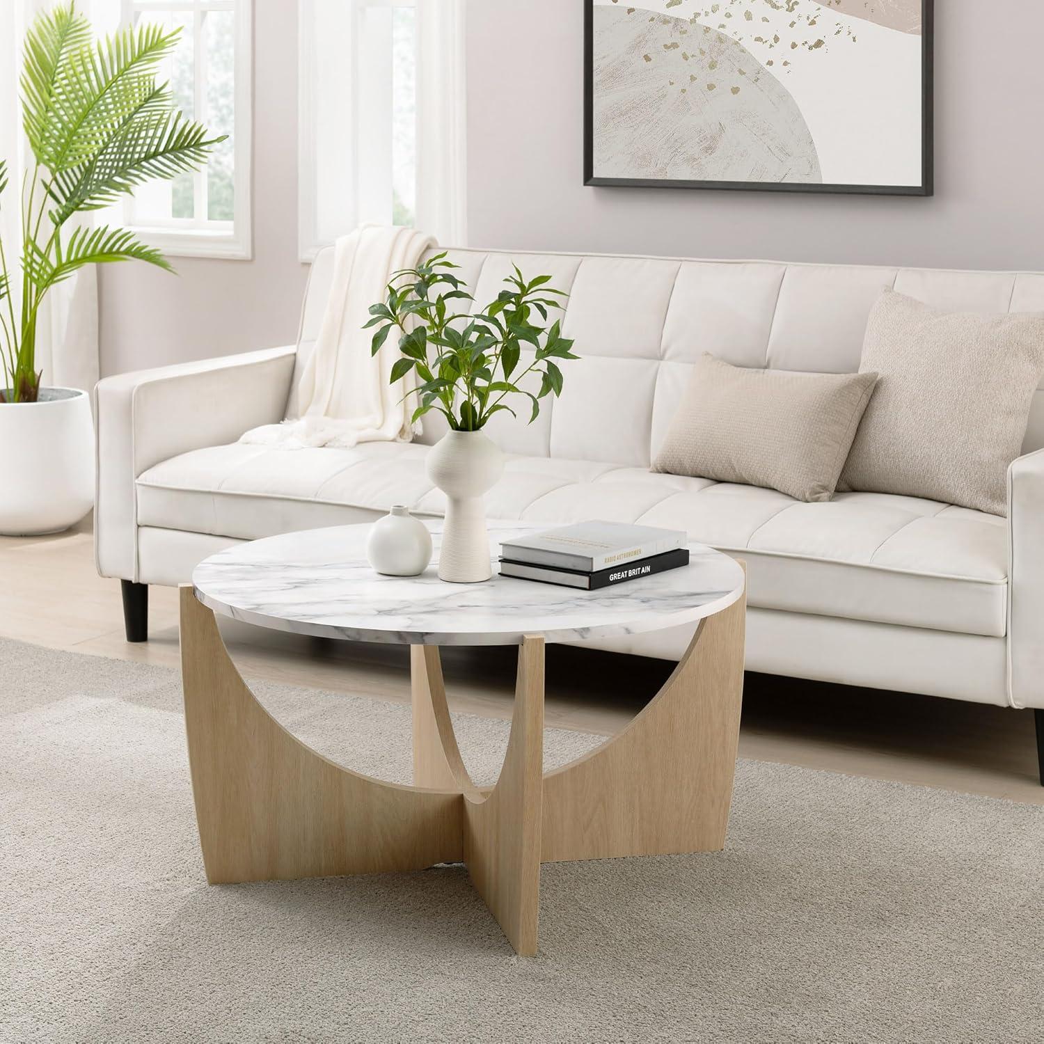 Walker Edison Modern Round Scoop-Base 35” Coffee Table - Calacatta Marble/Coastal Oak