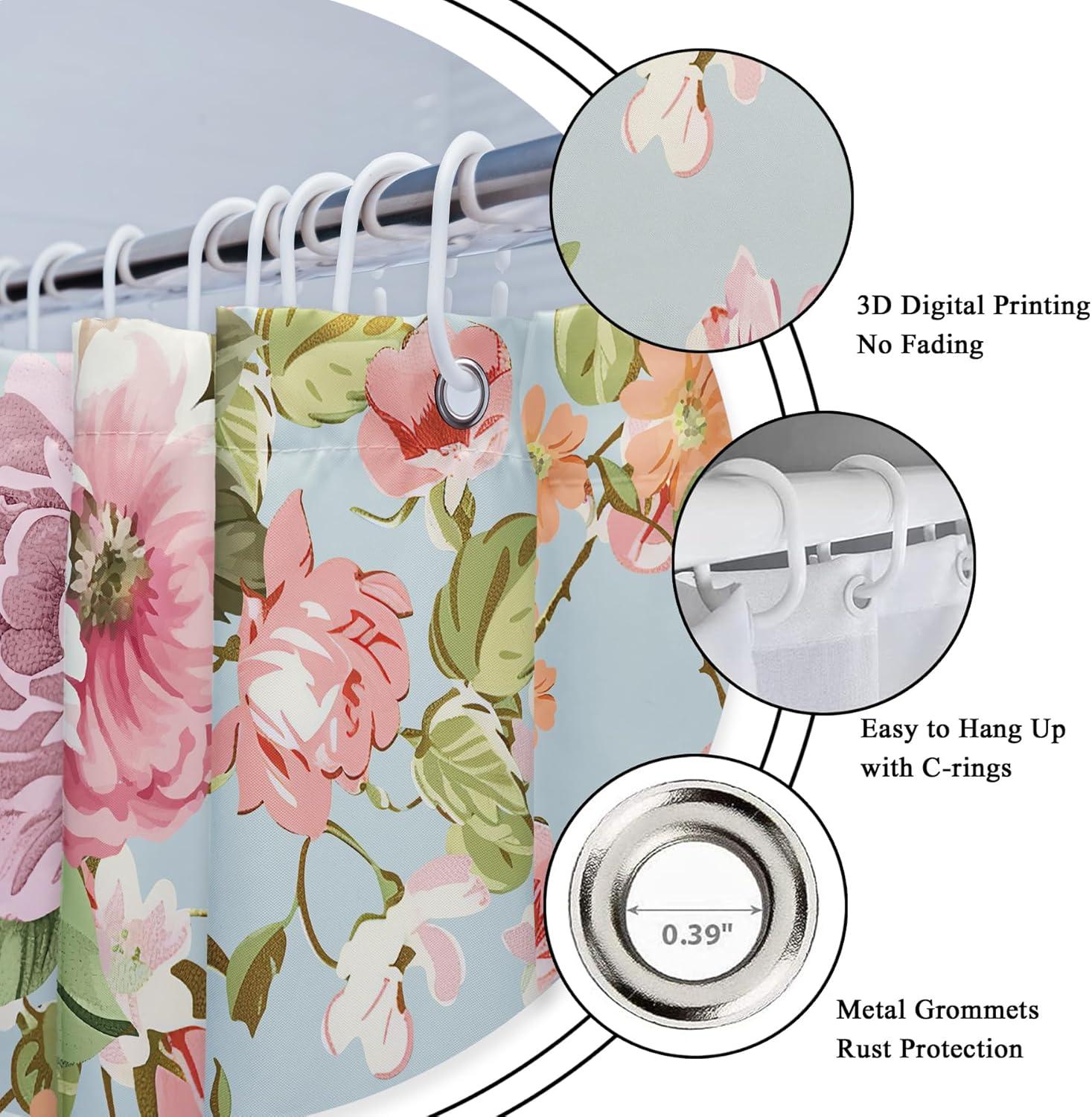 Fabric Pink Flower Shower Curtain for Bathroom 72Wx72H Inch Rose Floral Blooming Green Leaves for Girl Women Bathtub Accessories Decor Rustic Waterproof Fabric Bathroom 12 Pack Hooks WW-NDHC