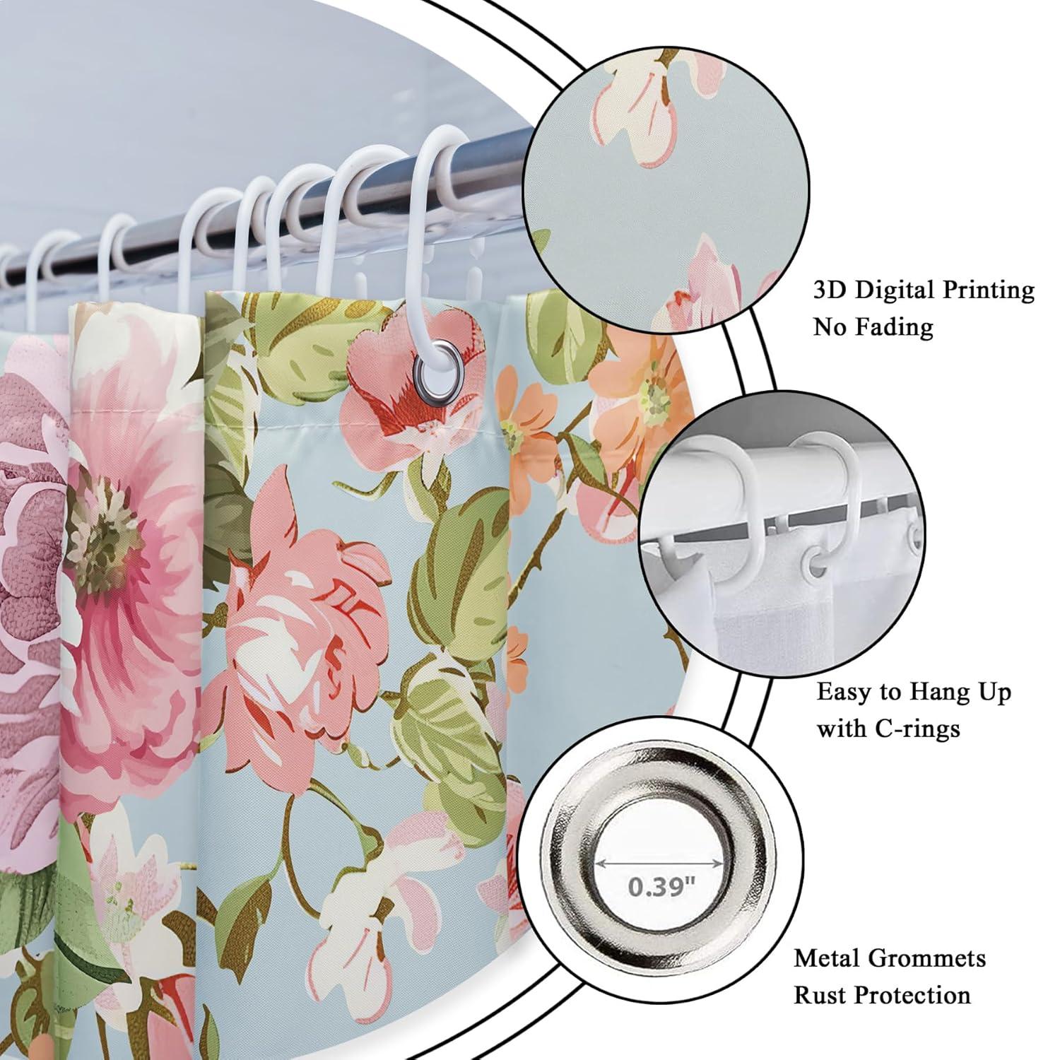 Fabric Pink Flower Shower Curtain for Bathroom 72Wx72H Inch Rose Floral Blooming Green Leaves for Girl Women Bathtub Accessories Decor Rustic Waterproof Fabric Bathroom 12 Pack Hooks WW-NDHC