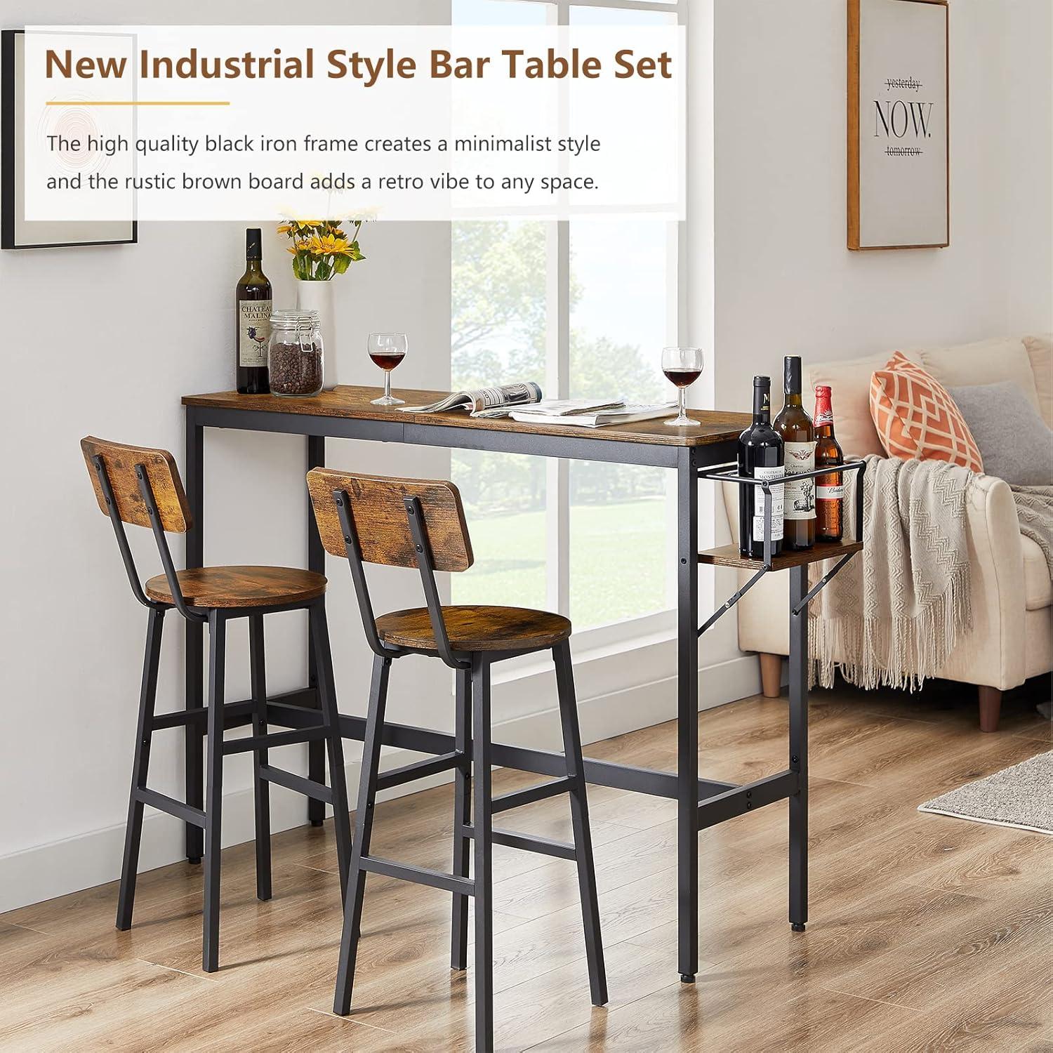 Rustic Brown Industrial Pub Table Set with Iron Frame and Collapsible Bottle Holder