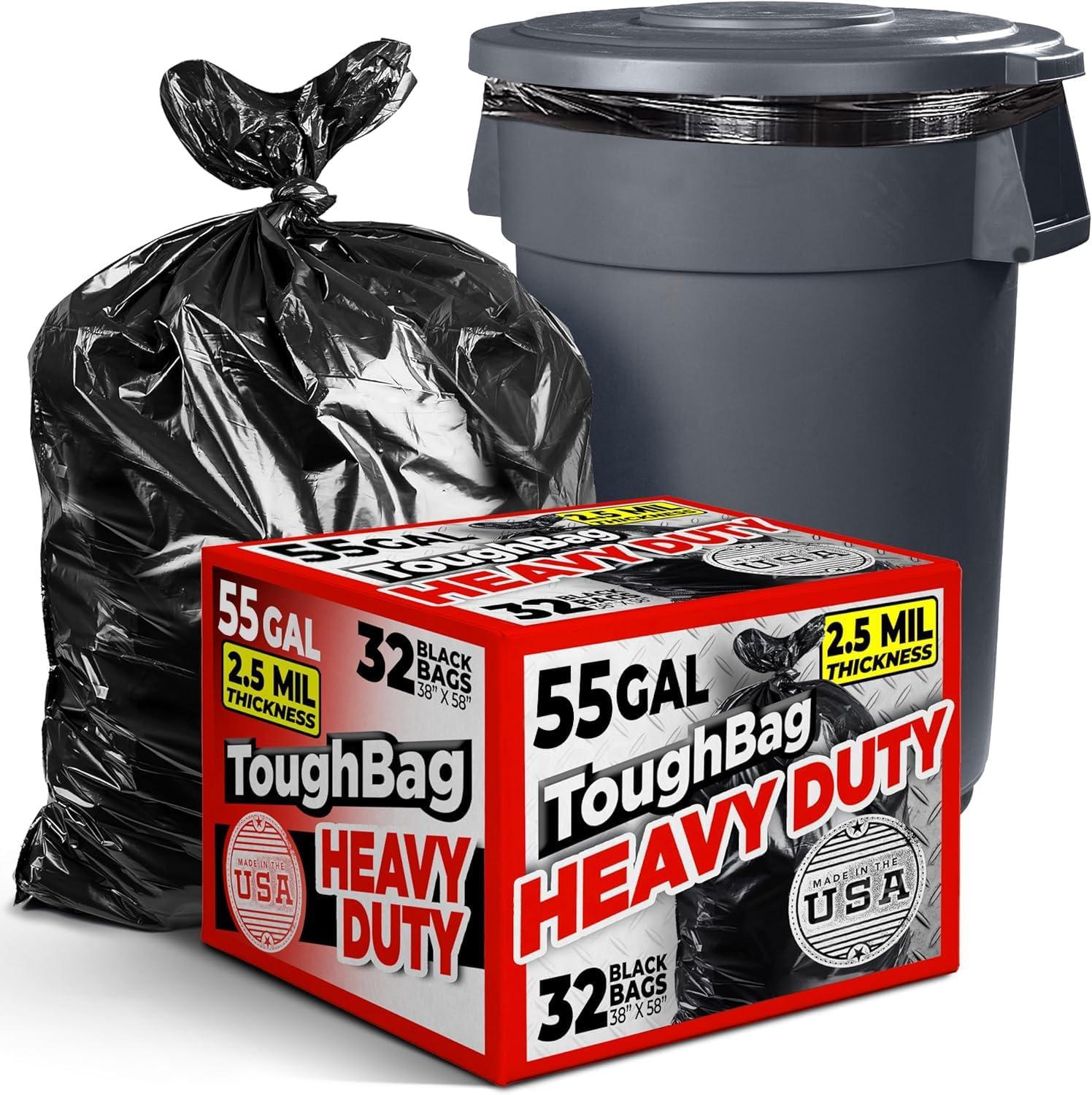 ToughBag 55 Gallon Trash Bags, 2.5 Mil Contractor Bags, 32 Count - Made in USA