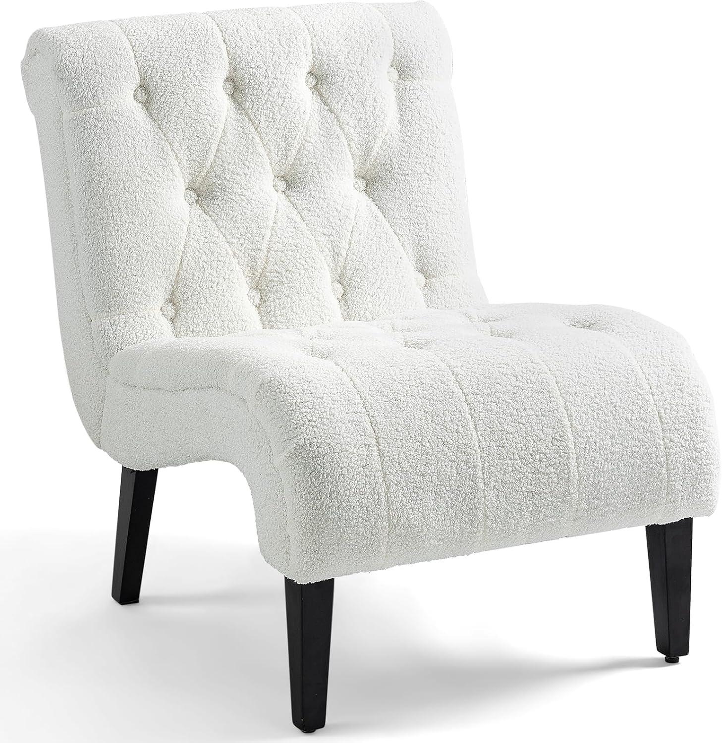 White Velvet Armless Slipper Accent Chair with Wood Legs