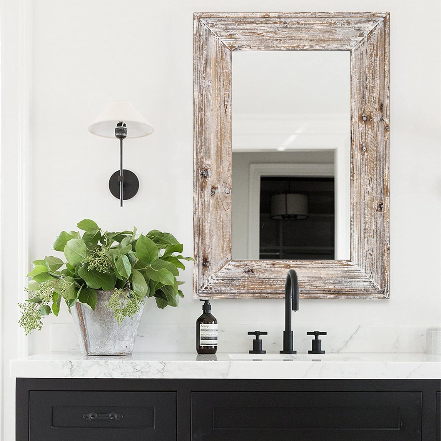 Distressed White Rectangular Wood Frame Bathroom Vanity Mirror