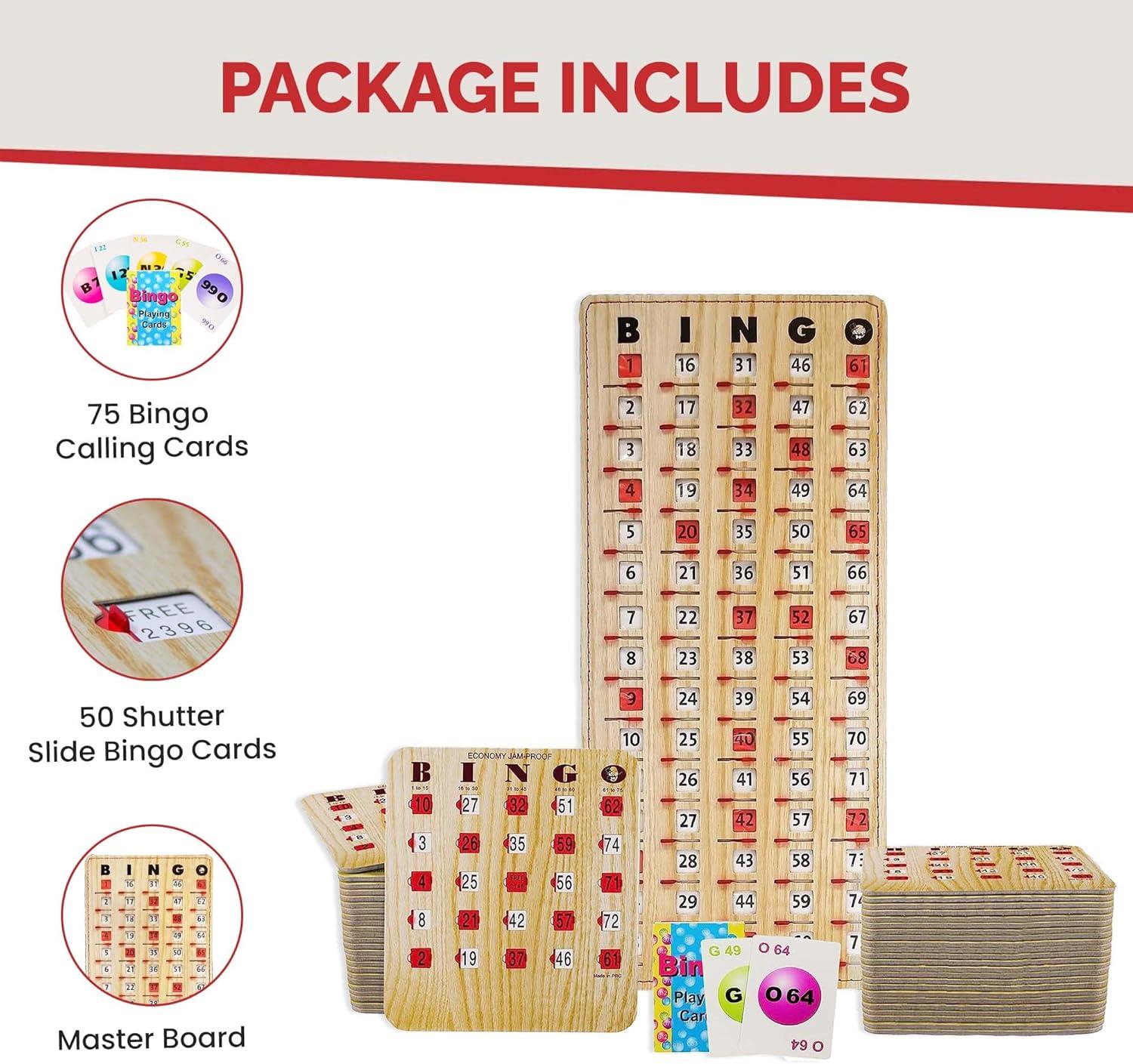 MR CHIPS Jam-Proof Bingo Cards with Sliding Windows - 50 Reusable Shutter Bingo Cards - 75 Bingo Calling Cards - 1 Bingo Master Board - Tan Style