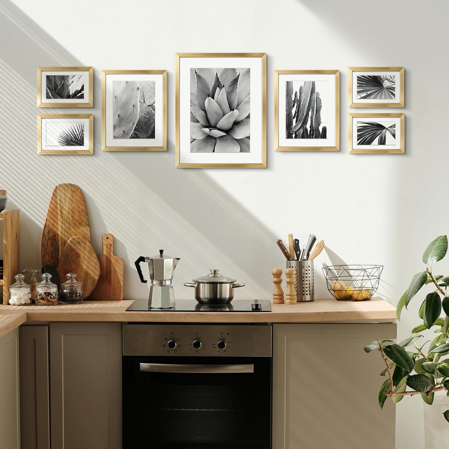 ArtbyHannah 7 Pack Gold Gallery Wall Picture Frames Sets with Decorative Botanical Art Prints for Photo Frame Collages for Home Decoration, Multiple Sizes 11x14x1, 8x10x2, 5x7x4