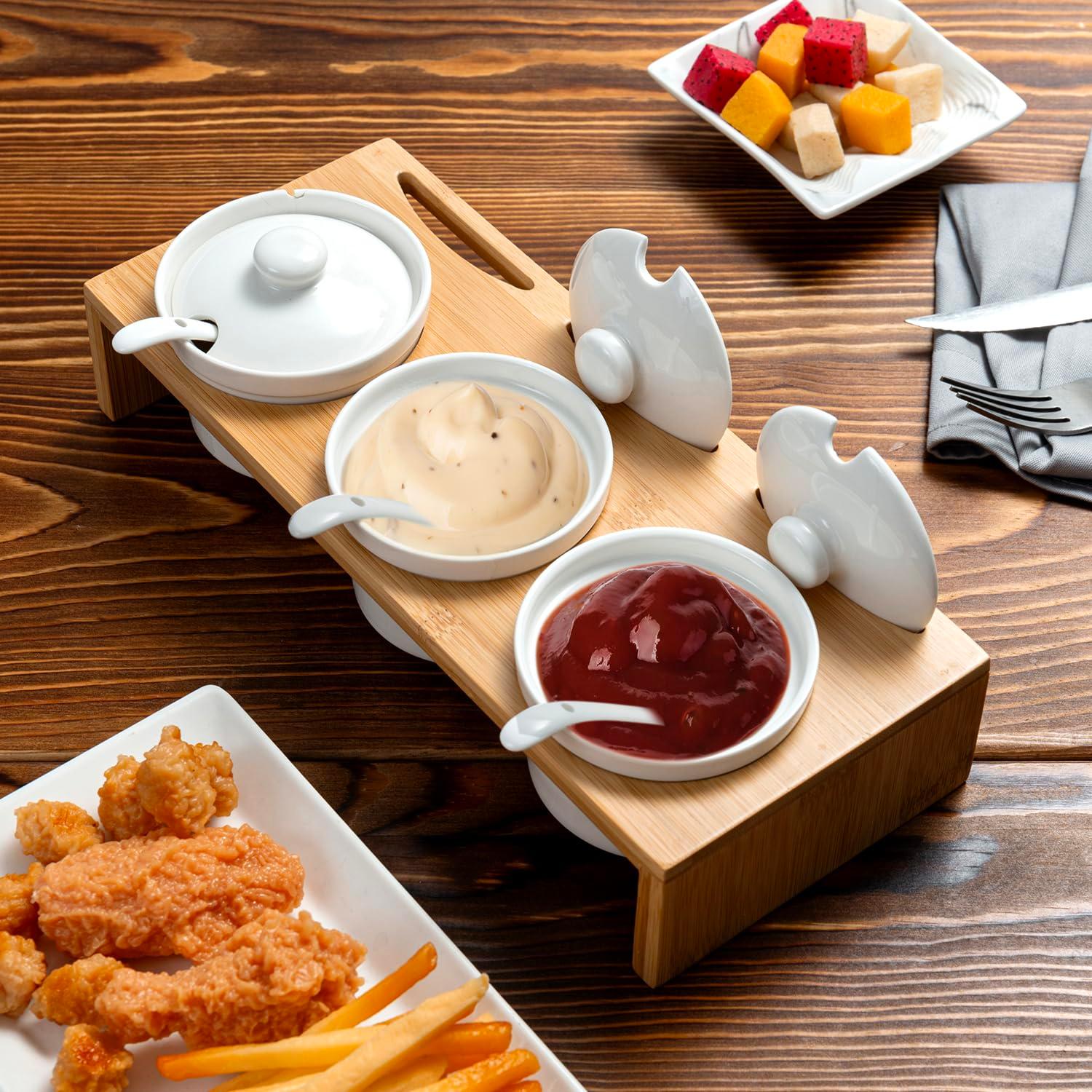 Stack man 10 Piece Condiment Pot Serving Set Includes Premium Solid Bamboo Wood Raised Display Server Tray And 3 Ceramic Ramekin Dip Bowls With Lids And Spoons