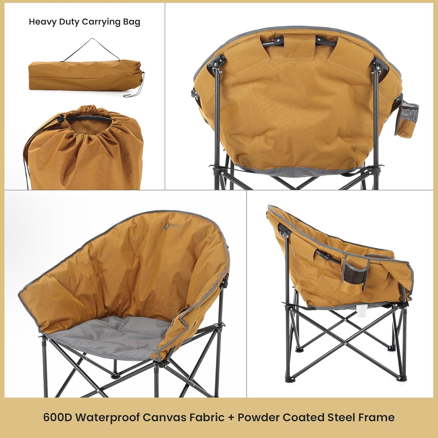 Arrowhead Outdoor Oversized Heavy-Duty Club Folding Camping Chair w/External Pocket, Cup Holder, Portable, Padded, Moon, Round, Bag (Workwear Tan)