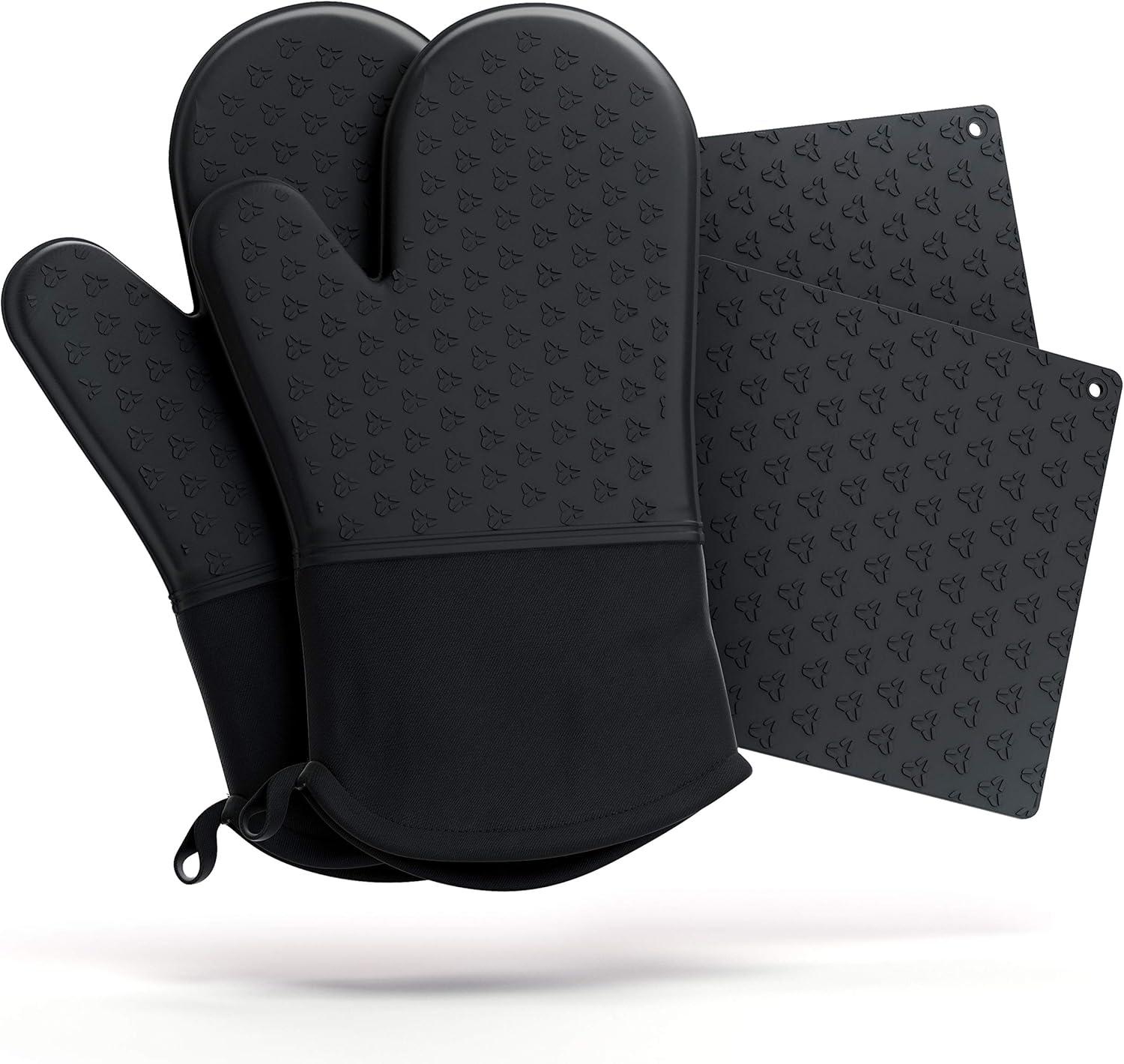 Black Extra Long Silicone Oven Mitt and Pot Holder Set