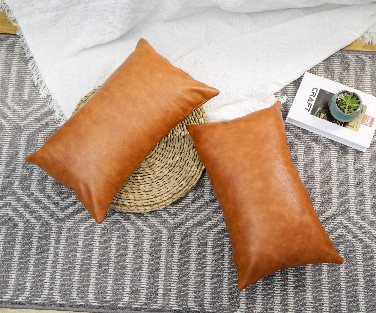SEEKSEE Faux Leather Lumbar Pillow Cover 12x20 inch, Modern Country Style Decorative Lumbar Pillow for Bedroom Living Room Sofa Brown Accent Pillows.