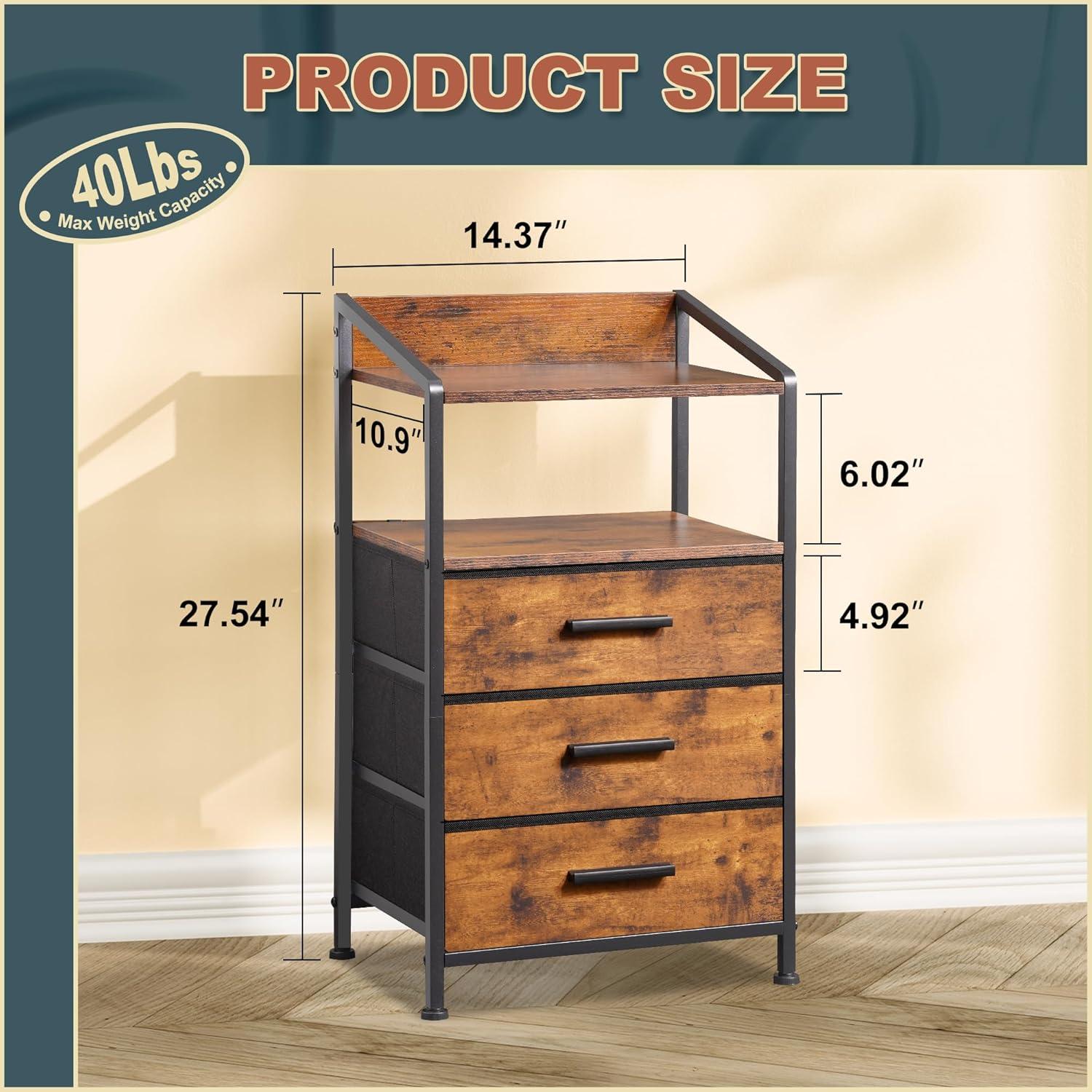 Nightstand Drawer Dresser, Vertical Side Table with Fabric Drawers 3-drawer