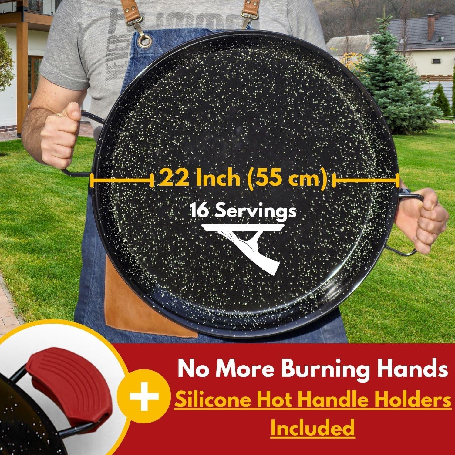 Paelluxe 22 Inch Paella Pan 16 Servings - Enamelled No Rust Easy to Clean Steel Pan Propane - Gas Burners for Cooking - Indoor & Outdoor Cooking Skillet - Cacerola Paellera Sarten - Mother's Day Gift