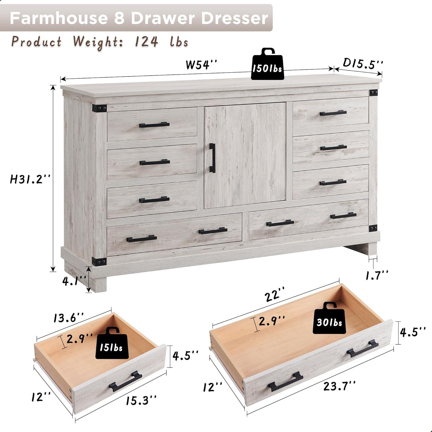 OKD Farmhouse 8 Drawer Dresser for Bedroom with Adjustable Shelf, Wood Long Chest of Drawers with Thick Plank Styling, Rustic Large Closet Dresser for Bedroom, Living Room, Antique White