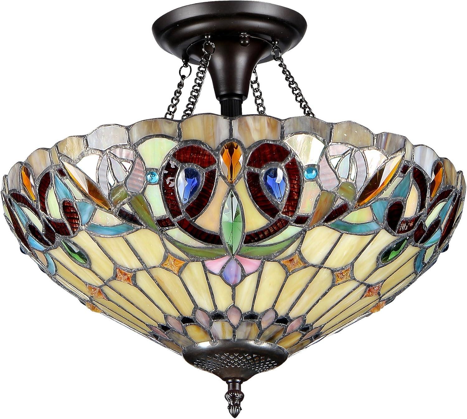 SERENITY Tiffany-style 2 Light Victorian Semi-flush Ceiling Fixture 16" Shade