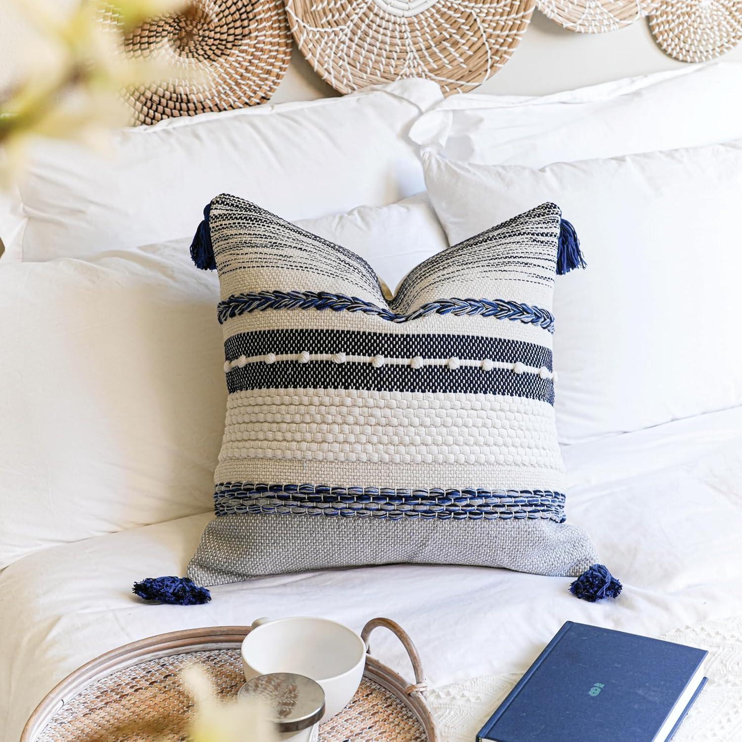 Navy and White Boho Tassel Throw Pillow Cover 20x20