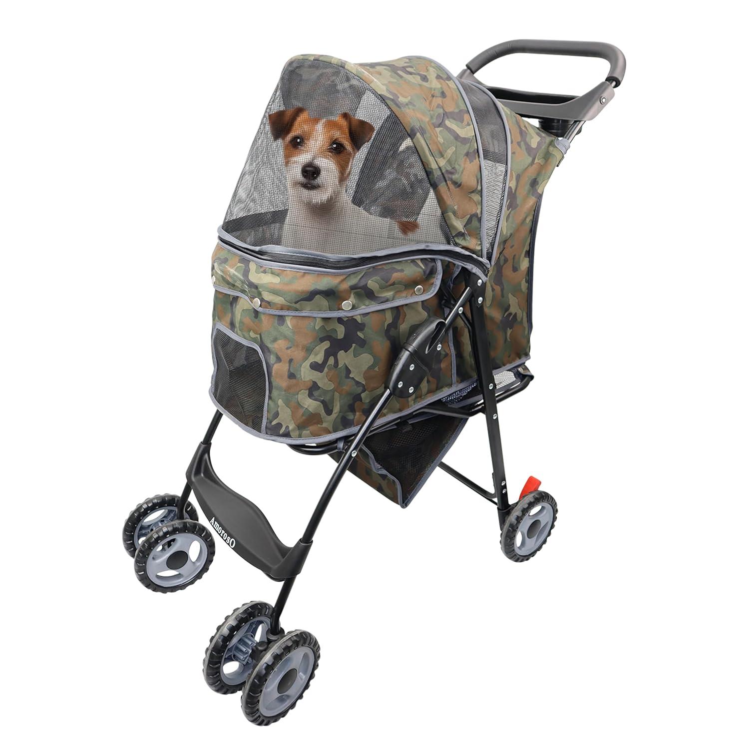 Camo Green Foldable Pet Stroller with Canopy and Storage