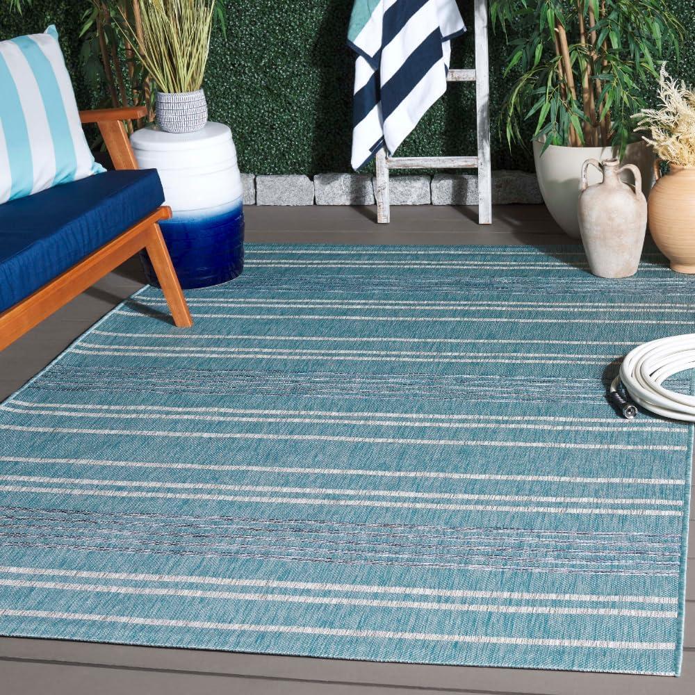 Aqua and Gray Striped Rectangular Indoor/Outdoor Rug