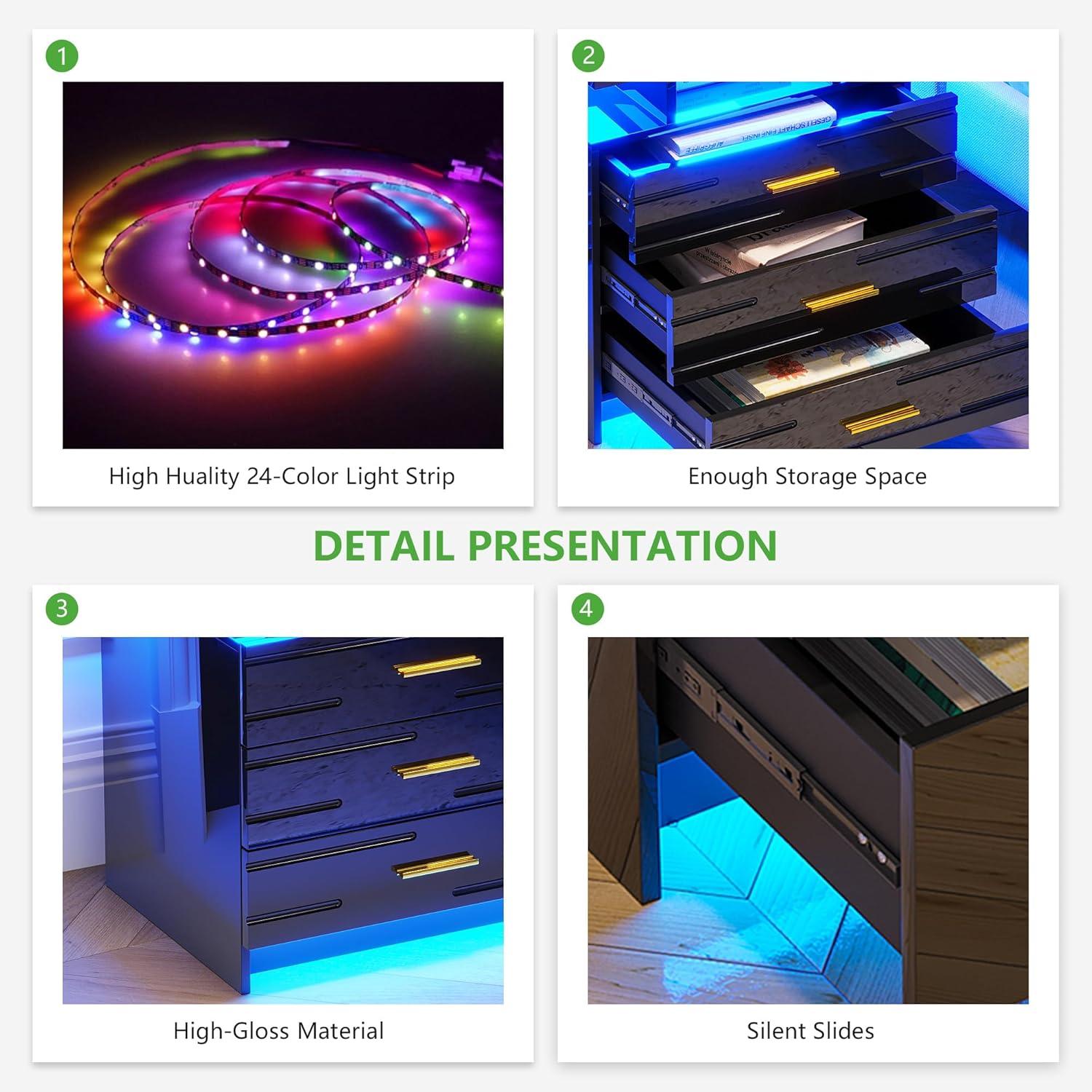 HNEBC Smart LED Nightstand with Wireless Charging & USB Ports, High Glossy Night Stand with 3 Drawers and 1 Pull-Out Tray, Modern Bedside Table with Human Sensor for Bedroom (White)