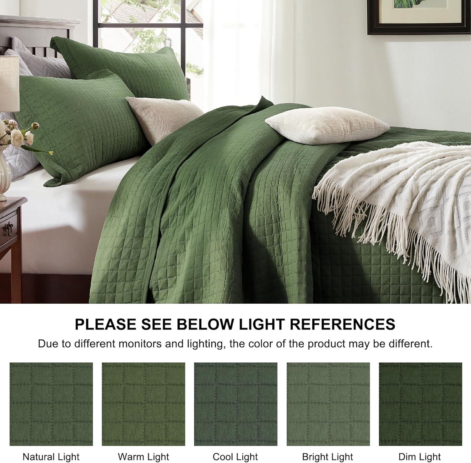 SunStyle Home Olive Green Quilt, Queen Size Quilt Set Lightweight Blanket Bedspread Full Soft Reversible Coverlet All Season 3pcs Army Green Square Quilted Bedding Sets with 2 Pillow Shams(90"x96")