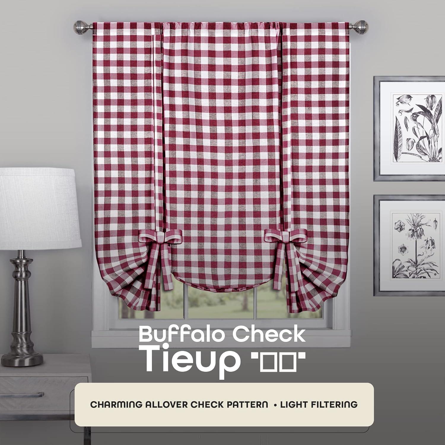 Buffalo Check Plaid Gingham Tie-Up Window Single Curtain, 42" x 63", Burgundy