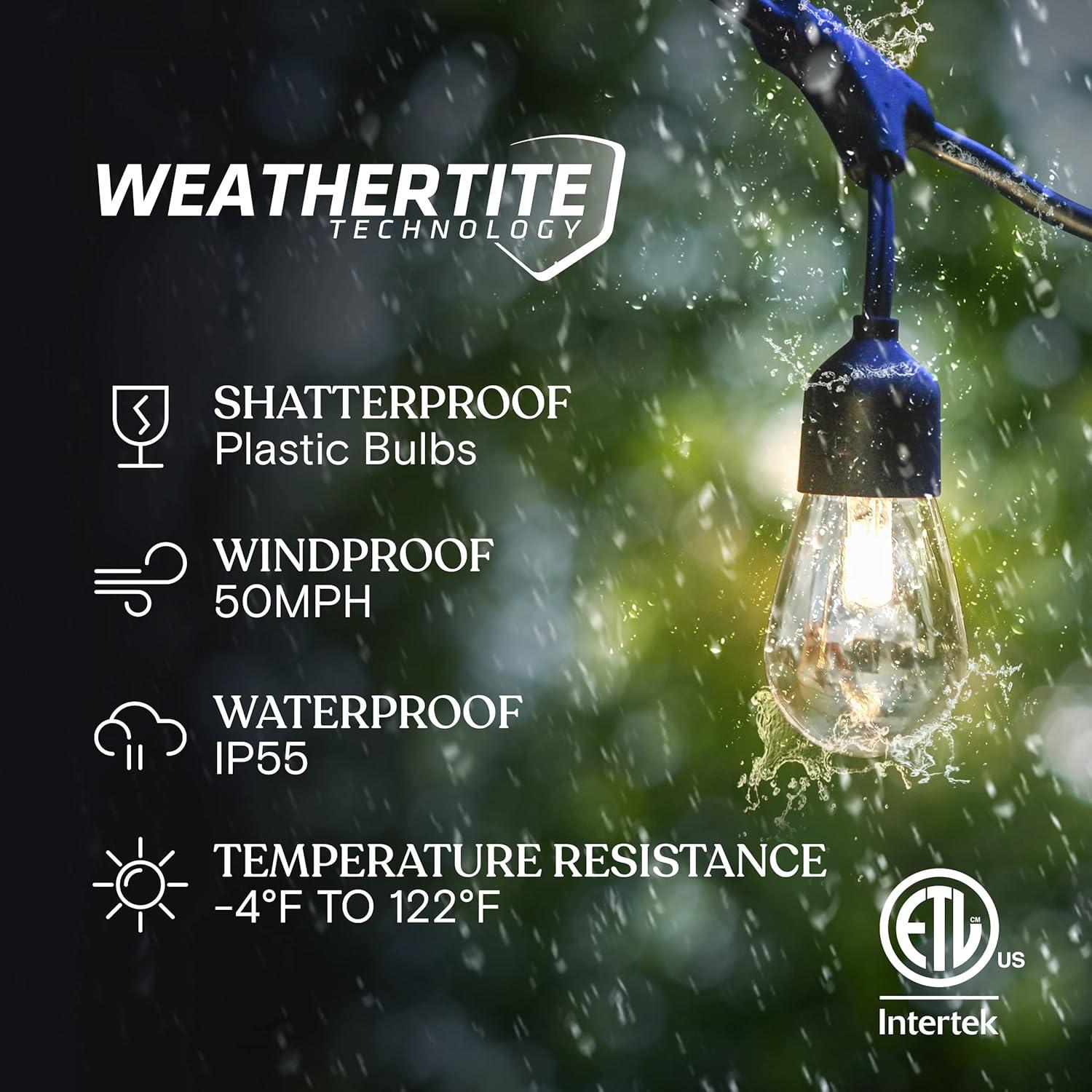 Brightech Ambience Pro 48 ft. Solar-Powered Outdoor LED String Lights with 15 Warm White S14 Bulbs, Weatherproof and Commercial-Grade Cord