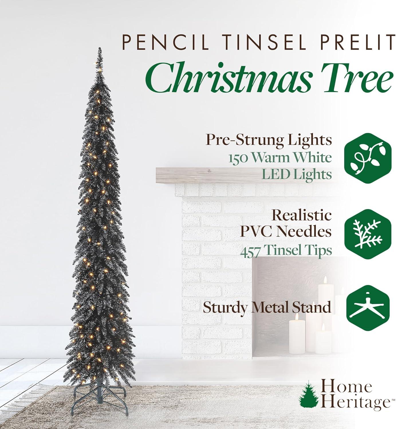 Polygroup Trading Ltd Home Heritage 7 Foot Pencil Slim Artificial Prelit Christmas Tinsel Tree, Black