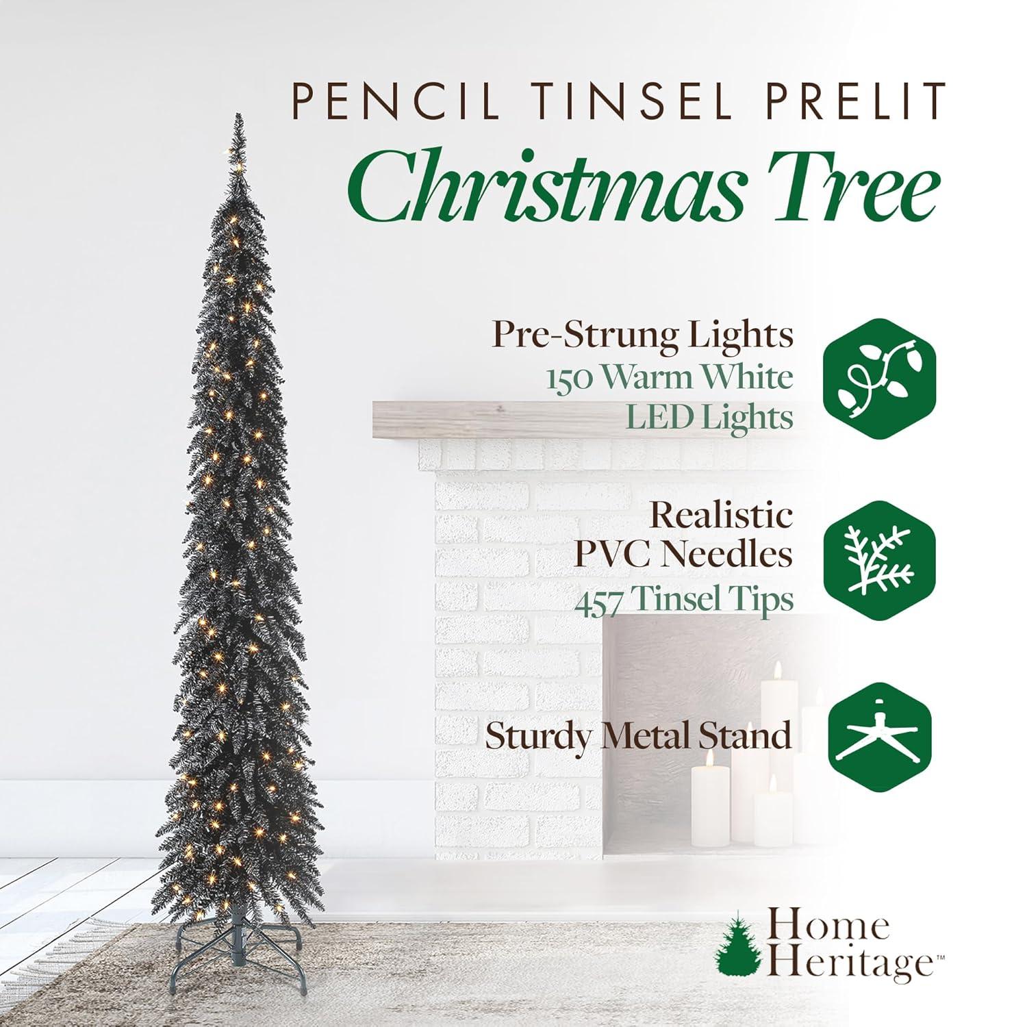Polygroup Trading Ltd Home Heritage 7 Foot Pencil Slim Artificial Prelit Christmas Tinsel Tree, Black
