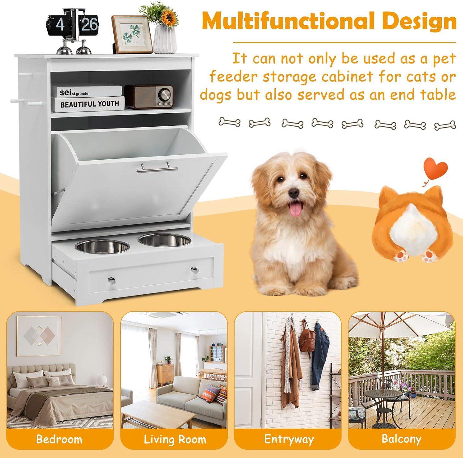 Kepooman Pet Feeder Station with Stainless Steel Bowl-White