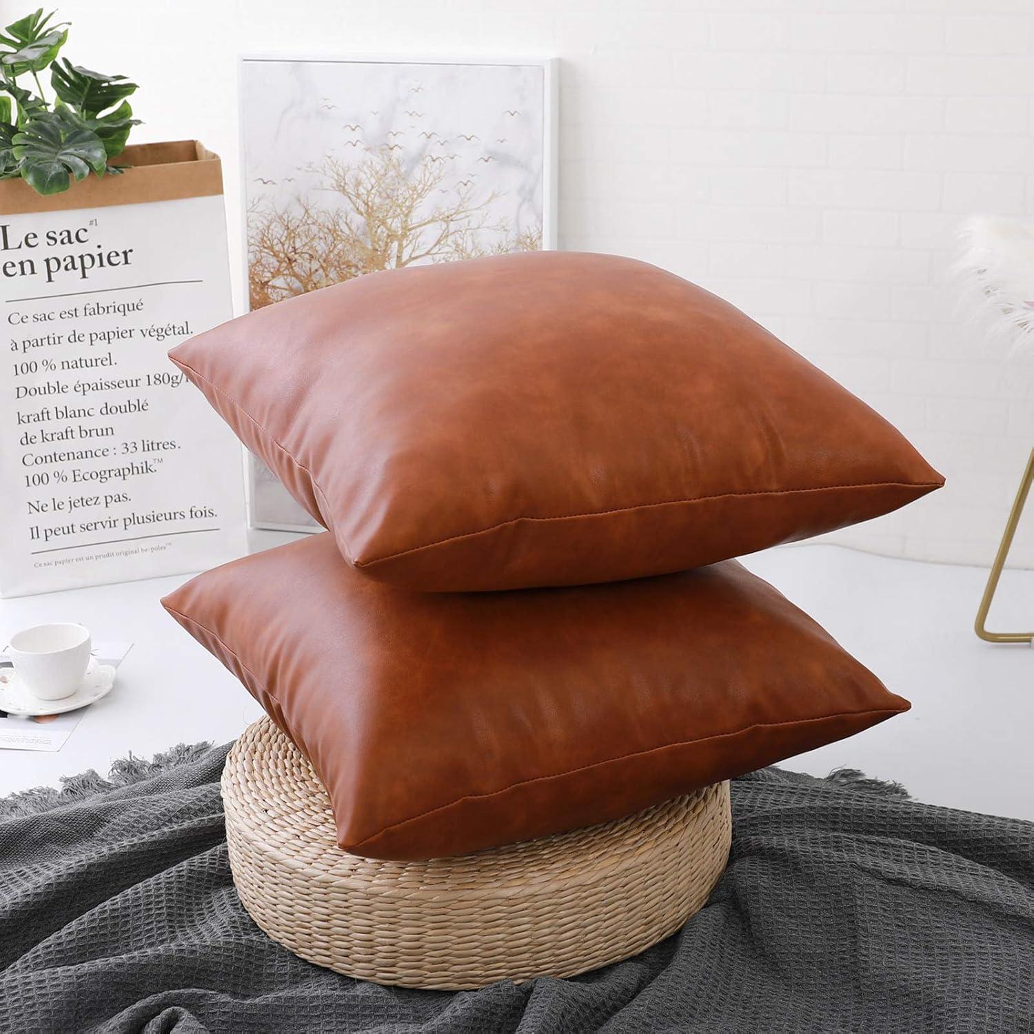 SEEKSEE Faux Leather Lumbar Pillow Cover 12x20 inch, Modern Country Style Decorative Lumbar Pillow for Bedroom Living Room Sofa Brown Accent Pillows.