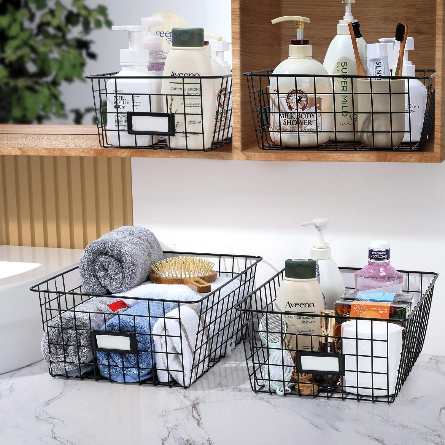 6 Pack [ Extra Large ] Wire Storage Baskets For Organizing With Lables, Pantry Organization Bins Cabinets - Metal Basket Kitchen, Laundry, Garage, Fridge, Bathroom Countertop Organizer