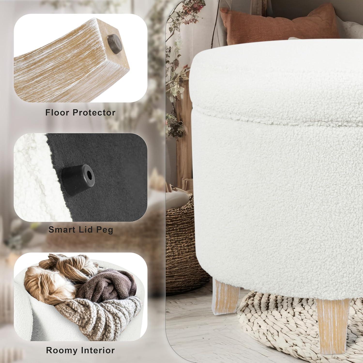 Cole Classics Round Storage Ottoman Flared Wood Leg Faux Sheepskin Cream - HomePop