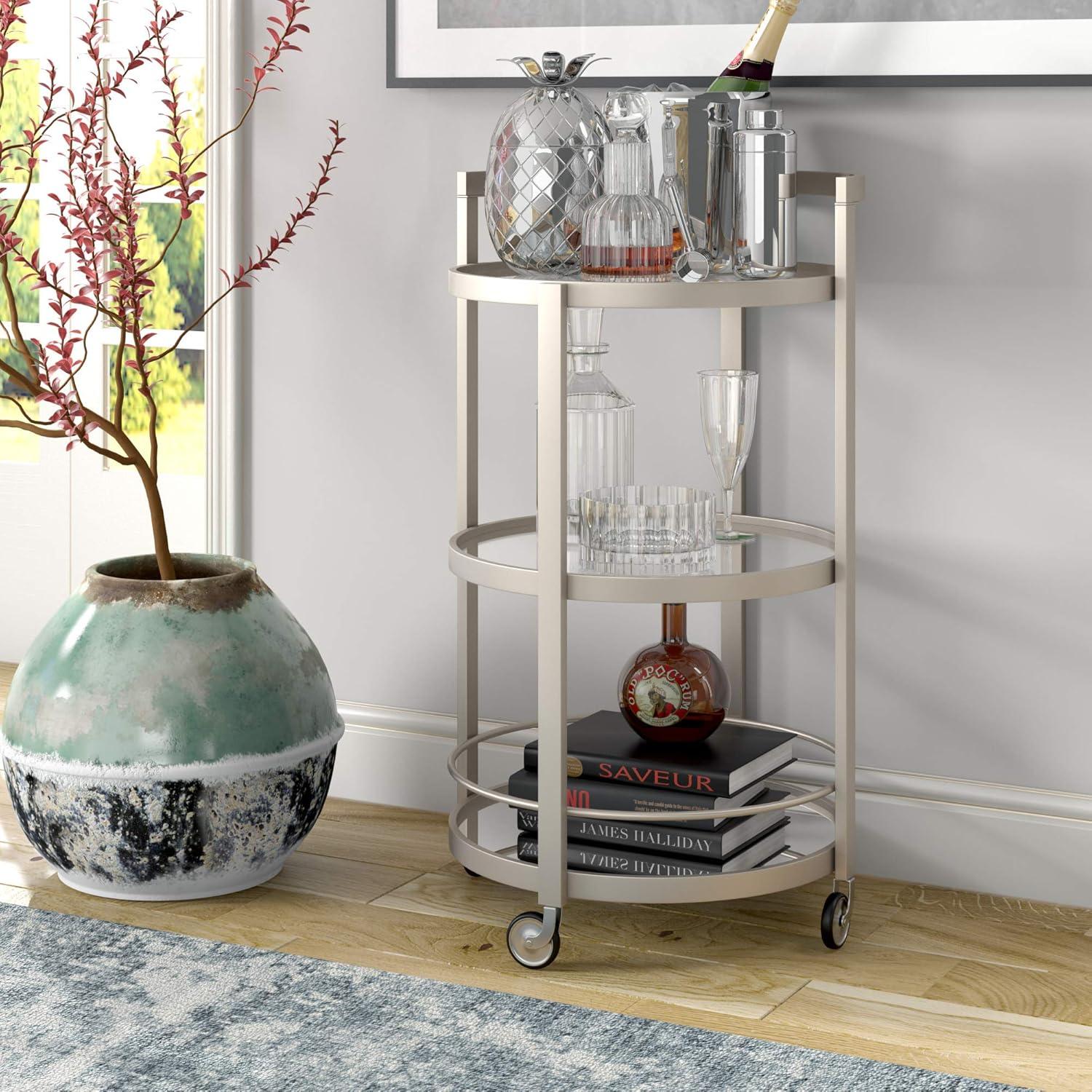 Satin Nickel Round Bar Cart with Glass Shelves