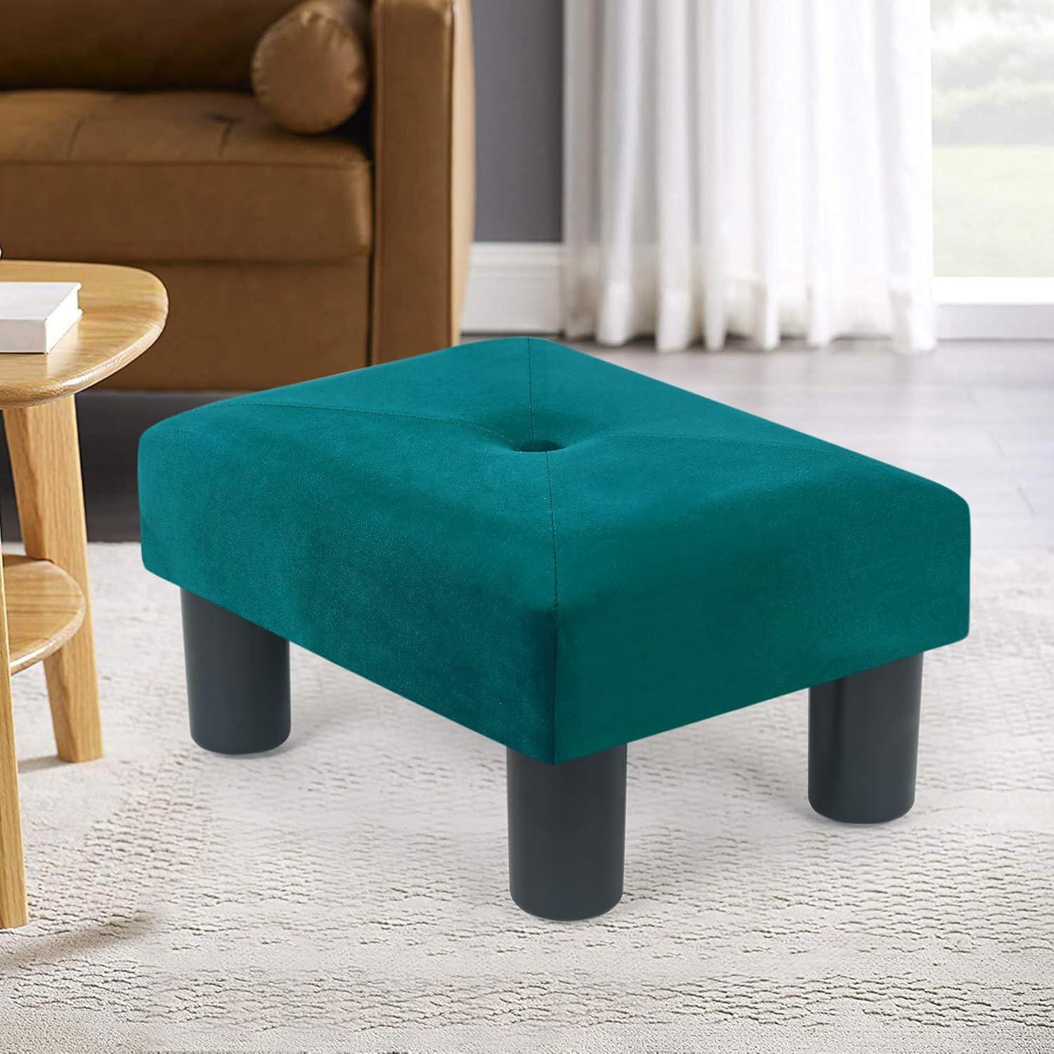 Adeco 14.5" Velvet Small Footstool Ottoman for Footrest, Modern Rectangle Step Stool Extra Seating with Non-Skid Plastic Legs for Living Room, Couch, Entryway, Green and Blue