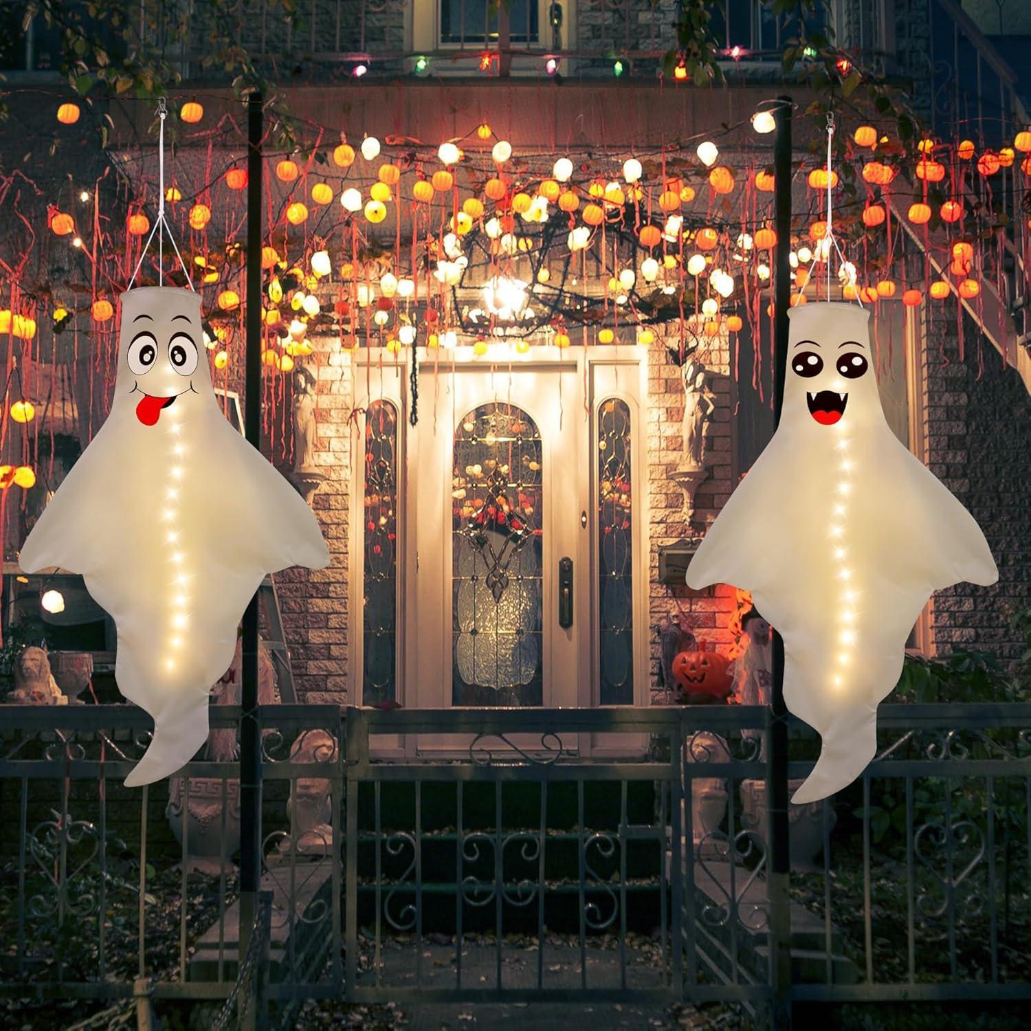 Set of 3 LED Hanging Ghost Windsocks for Halloween