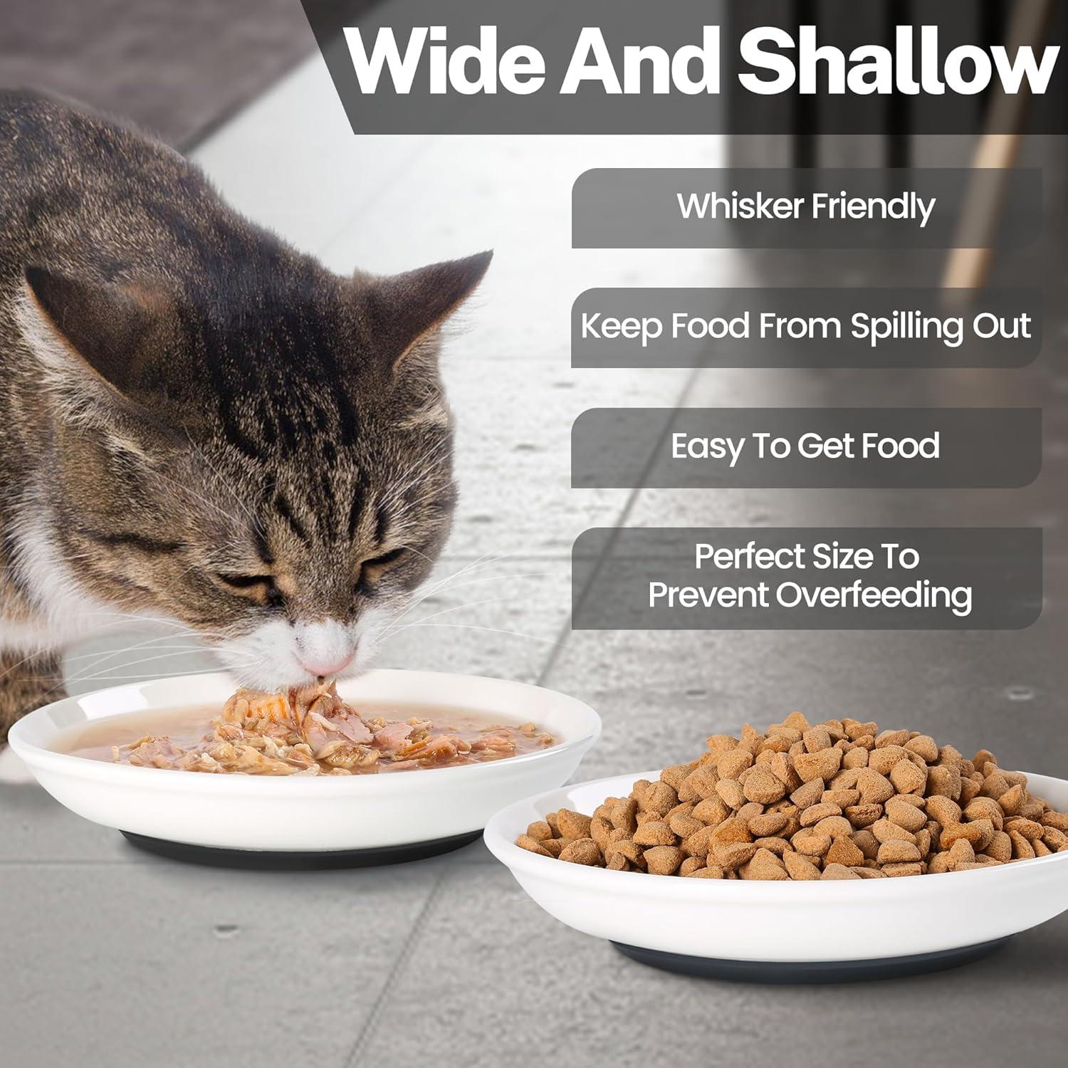 Cat Food Bowls, Whisker Friendly Ceramic Cat Bowls with Nonslip Silicone Bottom, Pack of 3 Quiet Cat Dishes and Plates for Feeding Indoor Cats, Kittens and Small Dogs-Style 1