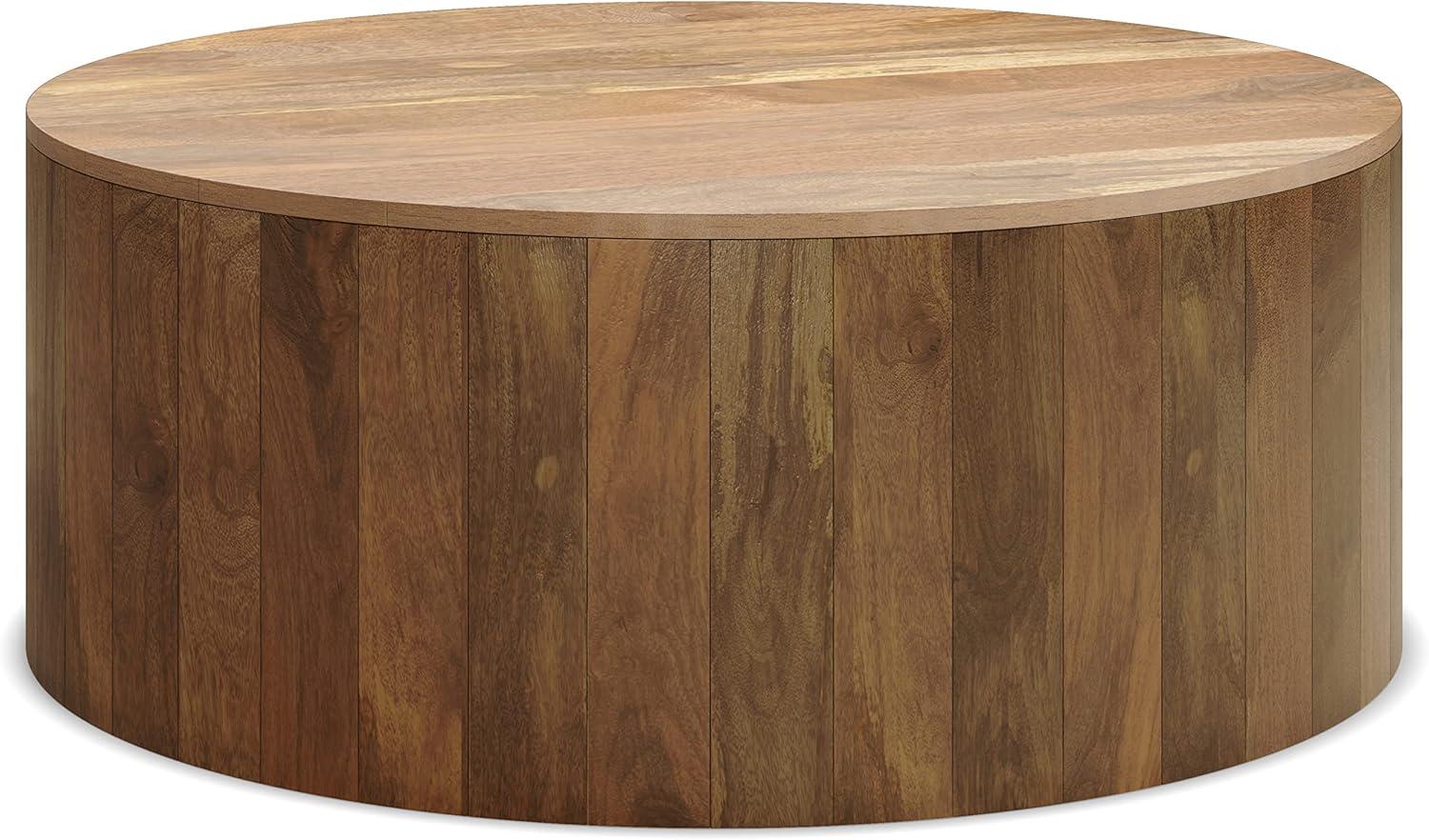 Millbury SOLID MANGO WOOD 36 inch Wide Round Modern Industrial Drum Coffee Table in Natural, Fully Assembled