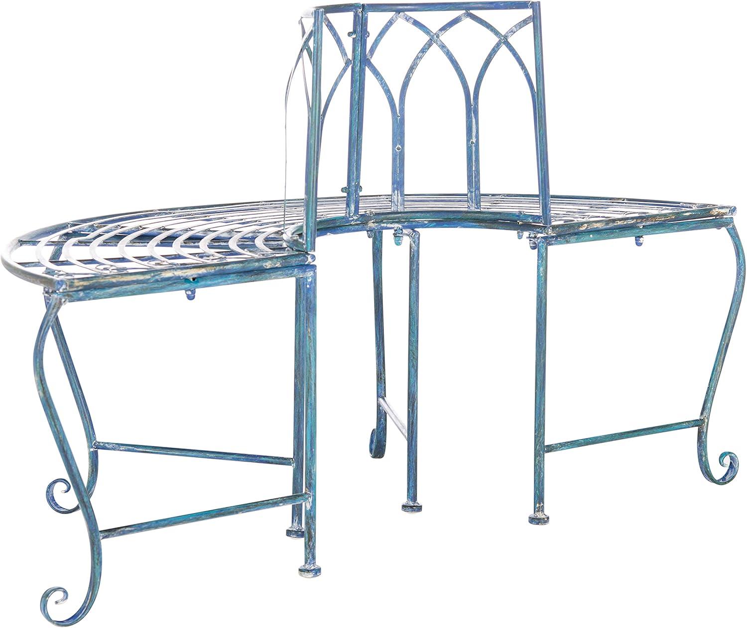 SAFAVIEH Abia Outdoor Patio Wrought Iron Semi Tree Bench, Antique Blue