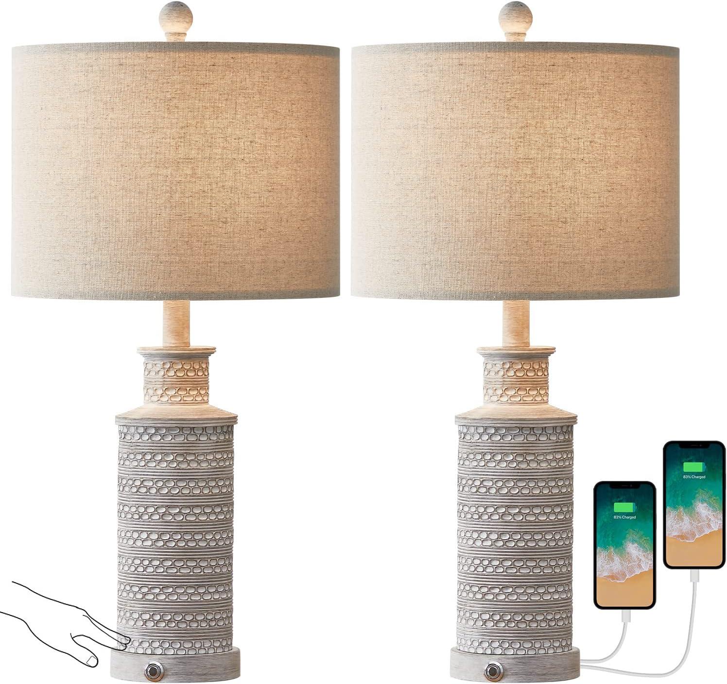 BOBOMOMO 3-Way Dimmable Touch Control Table Lamp Set of 2 with Dual USB Charging Ports for Bedroom Living Room Vintage Rustic Farmhouse Traditional Nightstand Bedside Lamps(Bulbs Included)