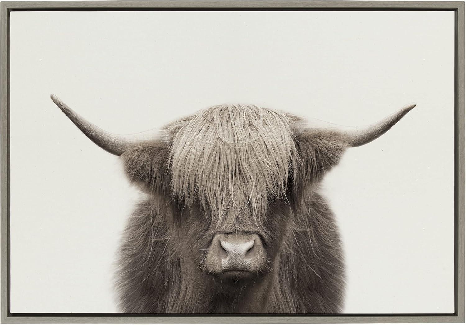 Kate and Laurel Sylvie Hey Dude Highland Cow Color Framed Canvas by The Creative Bunch Studio, 23x33, Gray