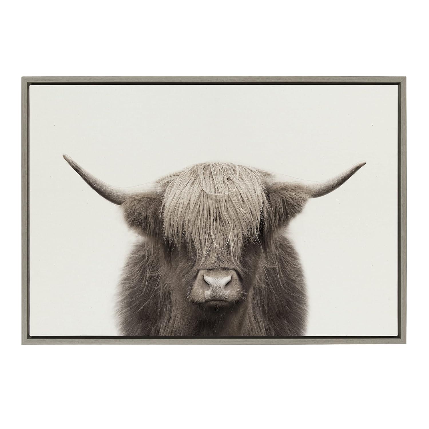 Kate and Laurel Sylvie Hey Dude Highland Cow Color Framed Canvas by The Creative Bunch Studio, 23x33, Gray